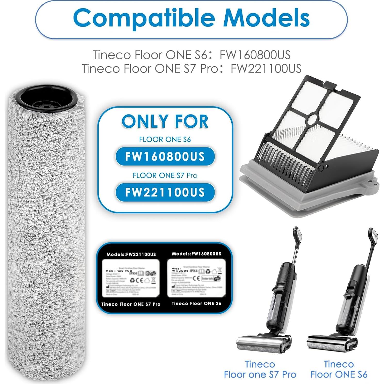 Rodillos y Filtros HEPA BRUVISH para Tineco S7 Pro/S6 - Paquete de 6