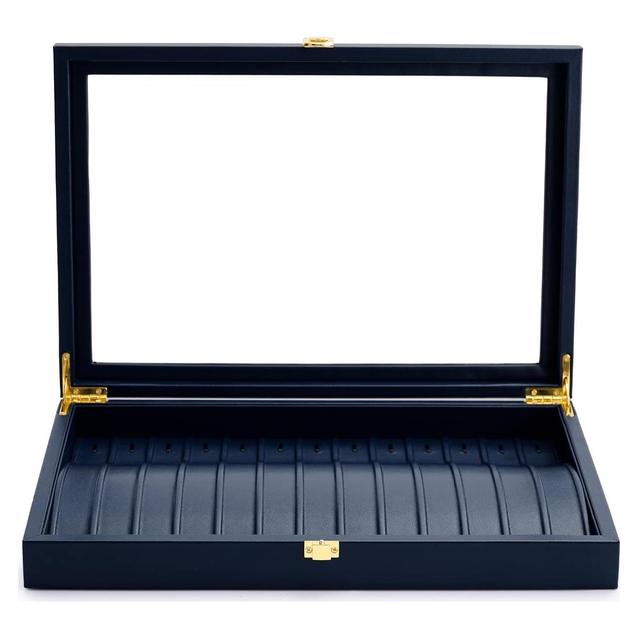 Caja de Joyería Oirlv de Cuero Azul con Tapa Acrílica 35x24x5.5cm