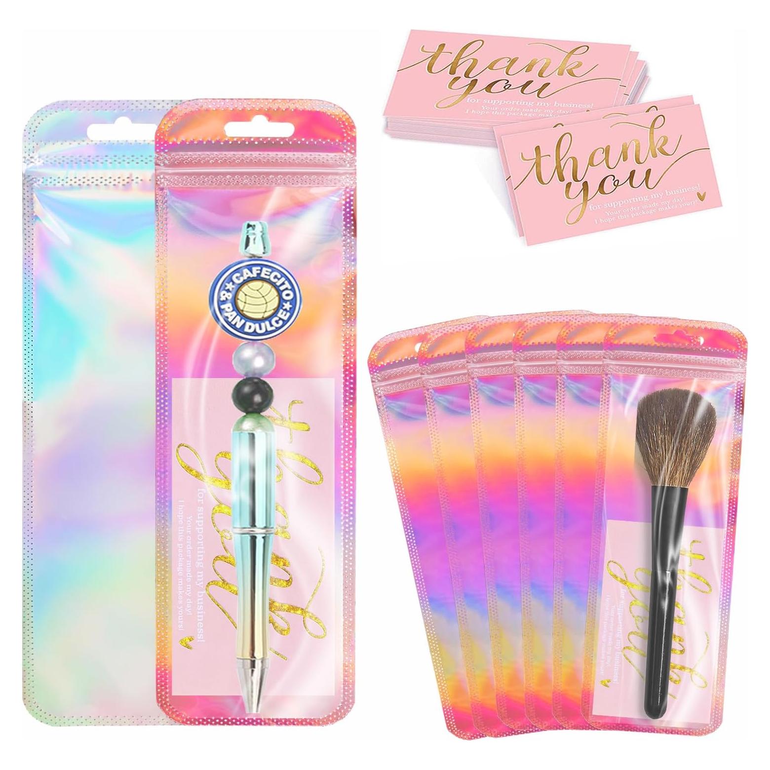 200 Pcs Bolsas Holográficas Reutilizables + Tarjetas Agradecimiento