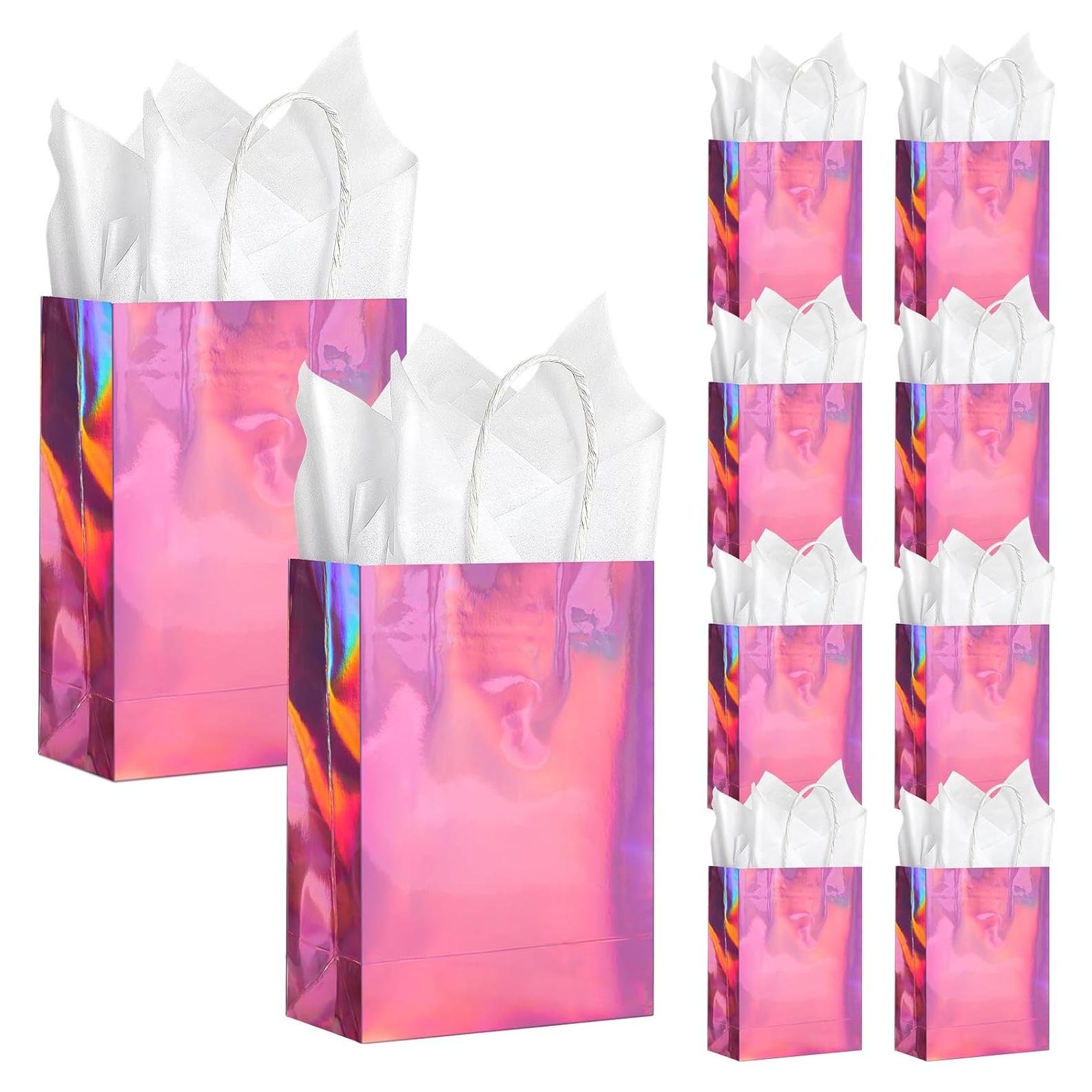 24 Bolsas de Regalo Iridiscentes Rosadas con Asas 7.87x16x21.84cm