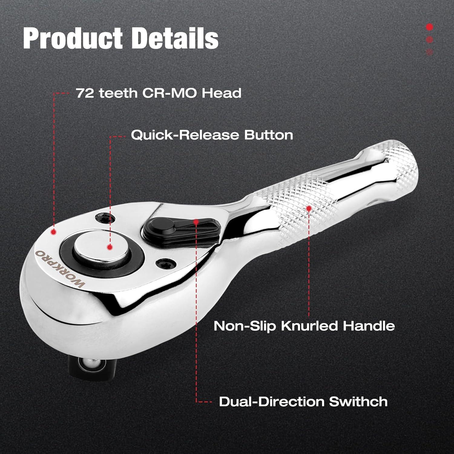 Juego de Llaves de Carraca Stubby WORKPRO 3 Piezas 72 Dientes