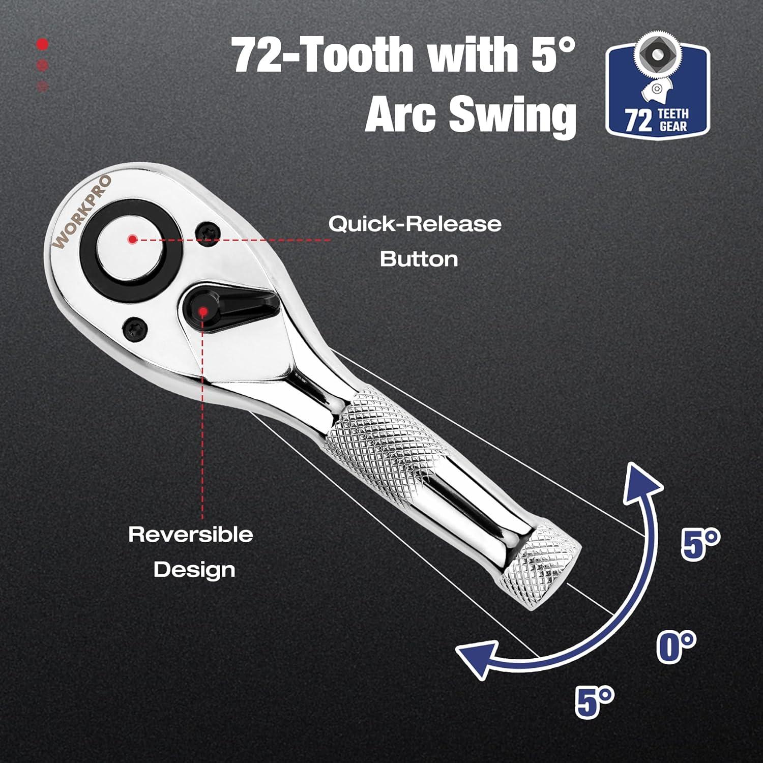 Juego de Llaves de Carraca Stubby WORKPRO 3 Piezas 72 Dientes