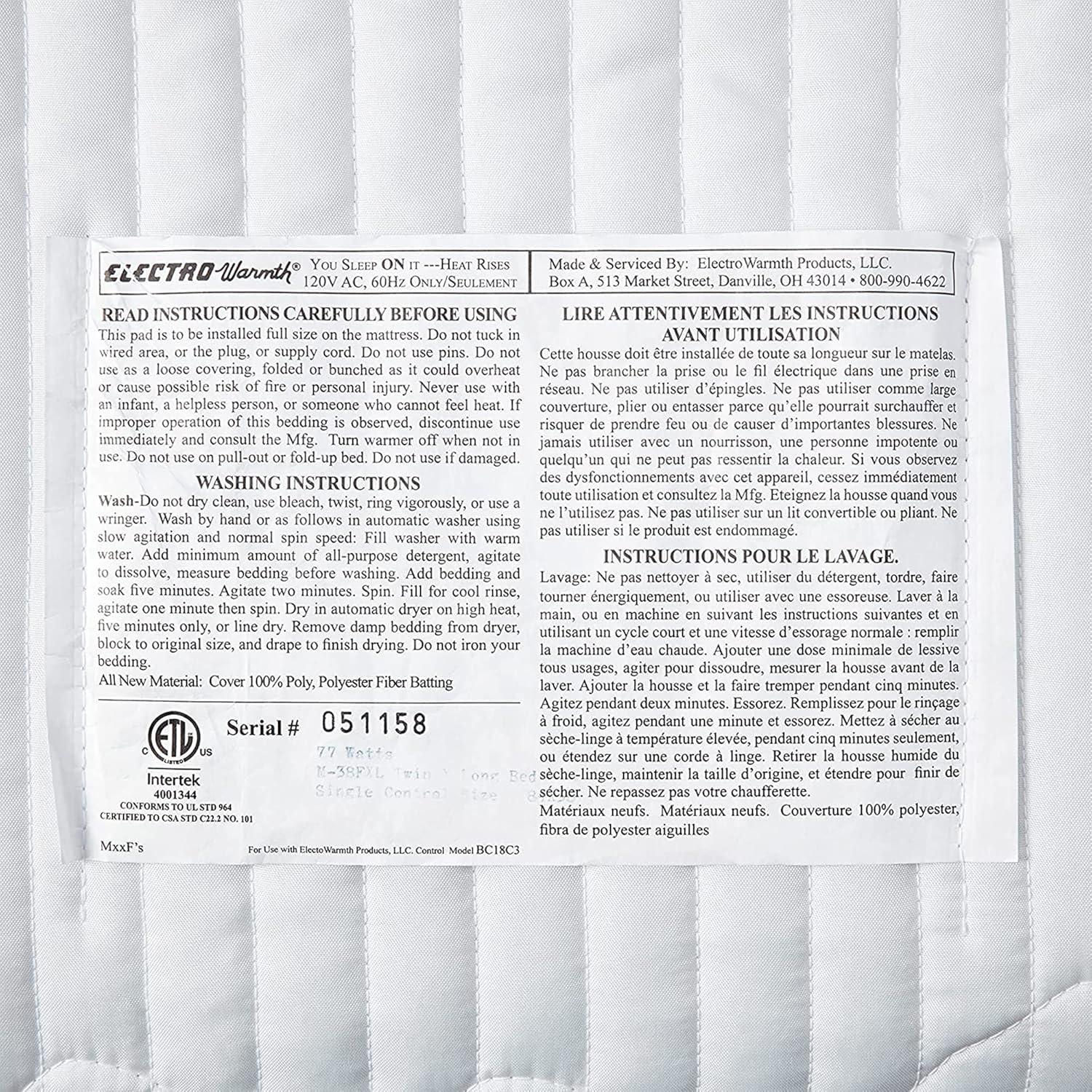 Almohadilla Calefaccionada Twin XL Electrowarmth Blanca