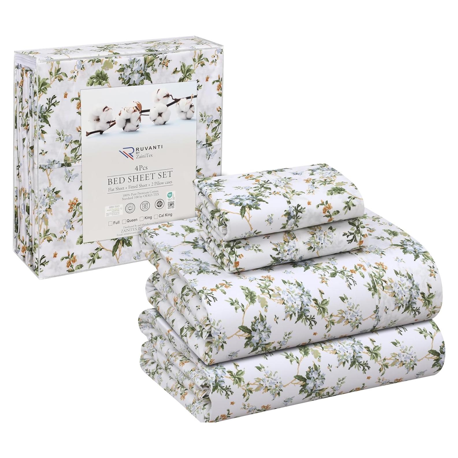 Sábanas Queen 100% Algodón RUVANTI Floral 4 Piezas