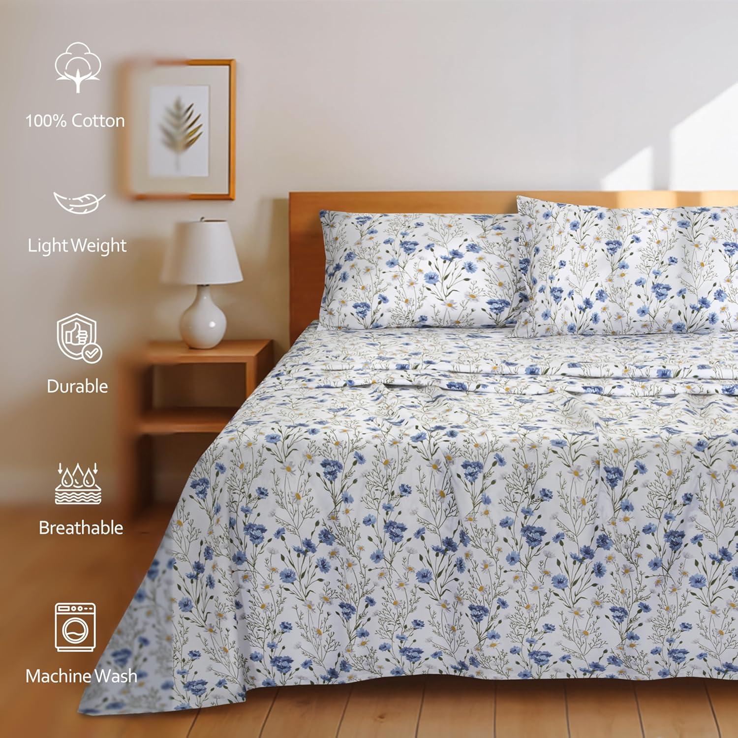 Sábanas Queen 100% Algodón RUVANTI Percale Floral 4 Piezas