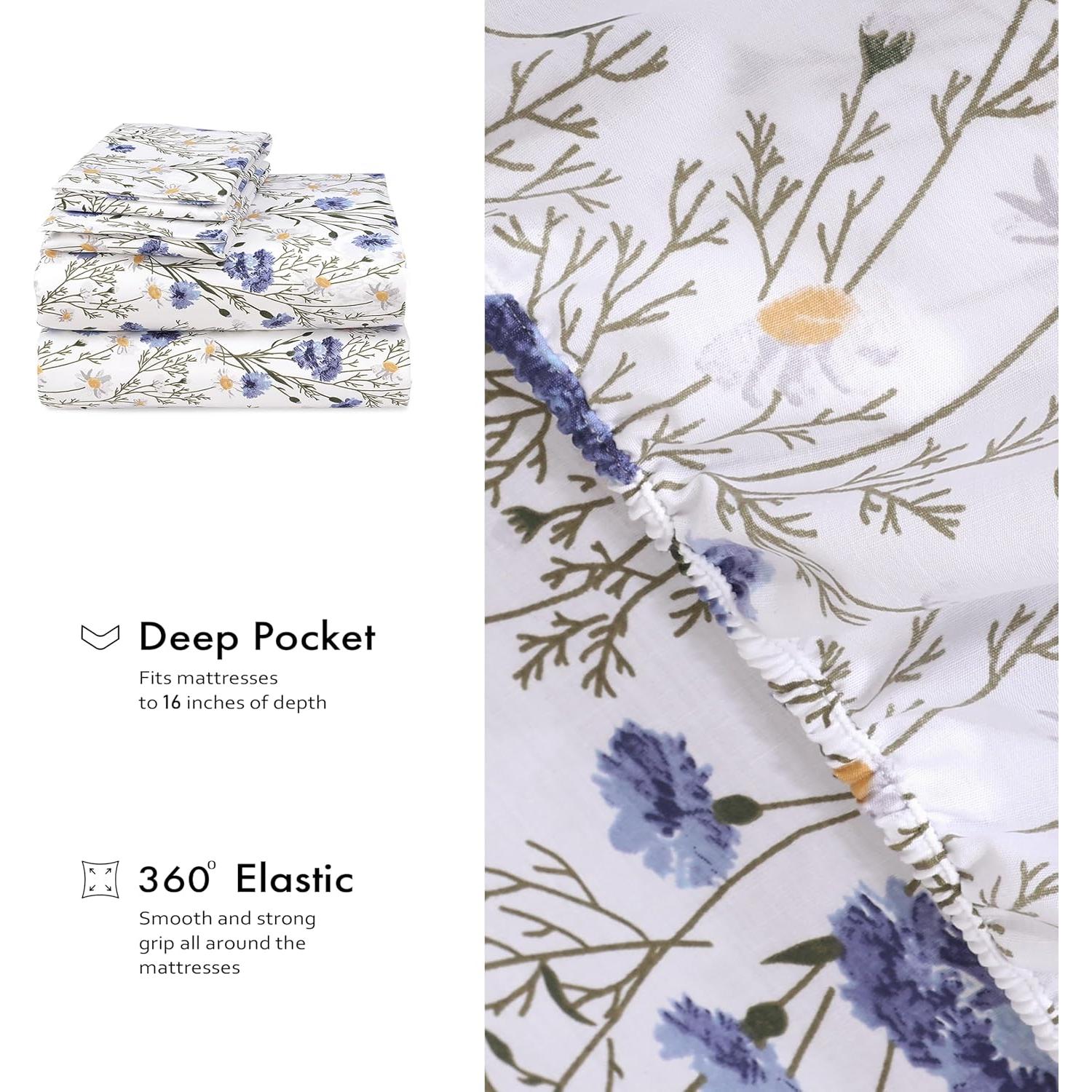 Sábanas Queen 100% Algodón RUVANTI Percale Floral 4 Piezas