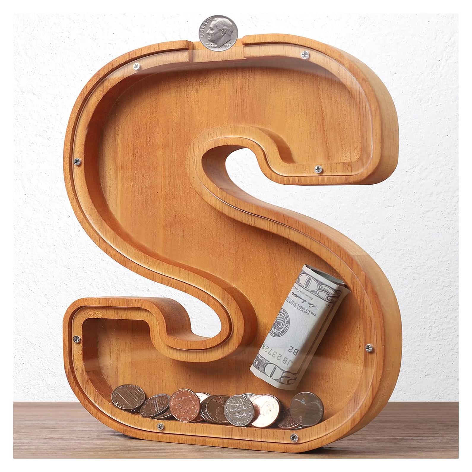 Banco de Dinero Personalizado de Madera 26 Letras Acrílico