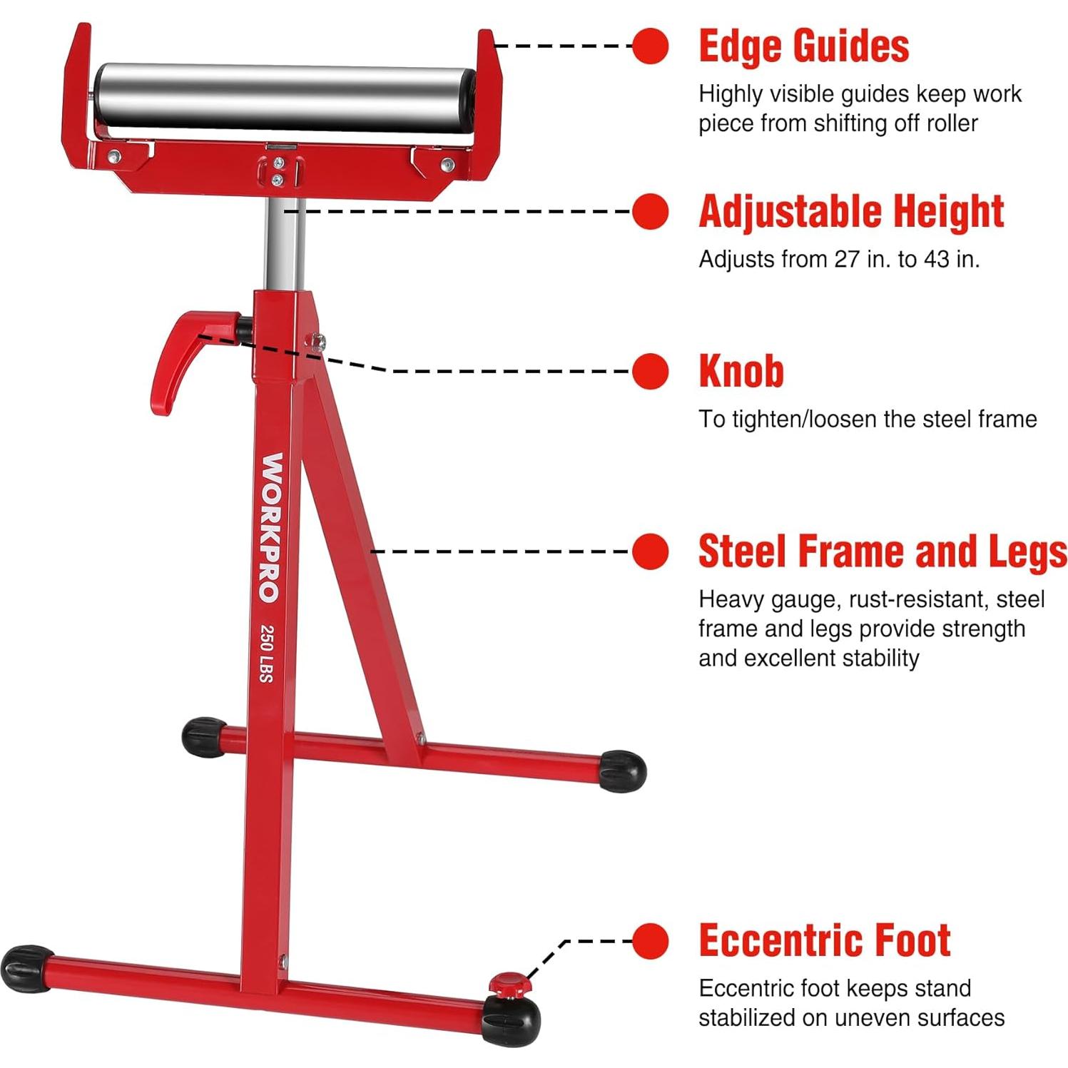 Soporte de rodillo plegable WORKPRO, altura ajustable 68.6-109.2 cm