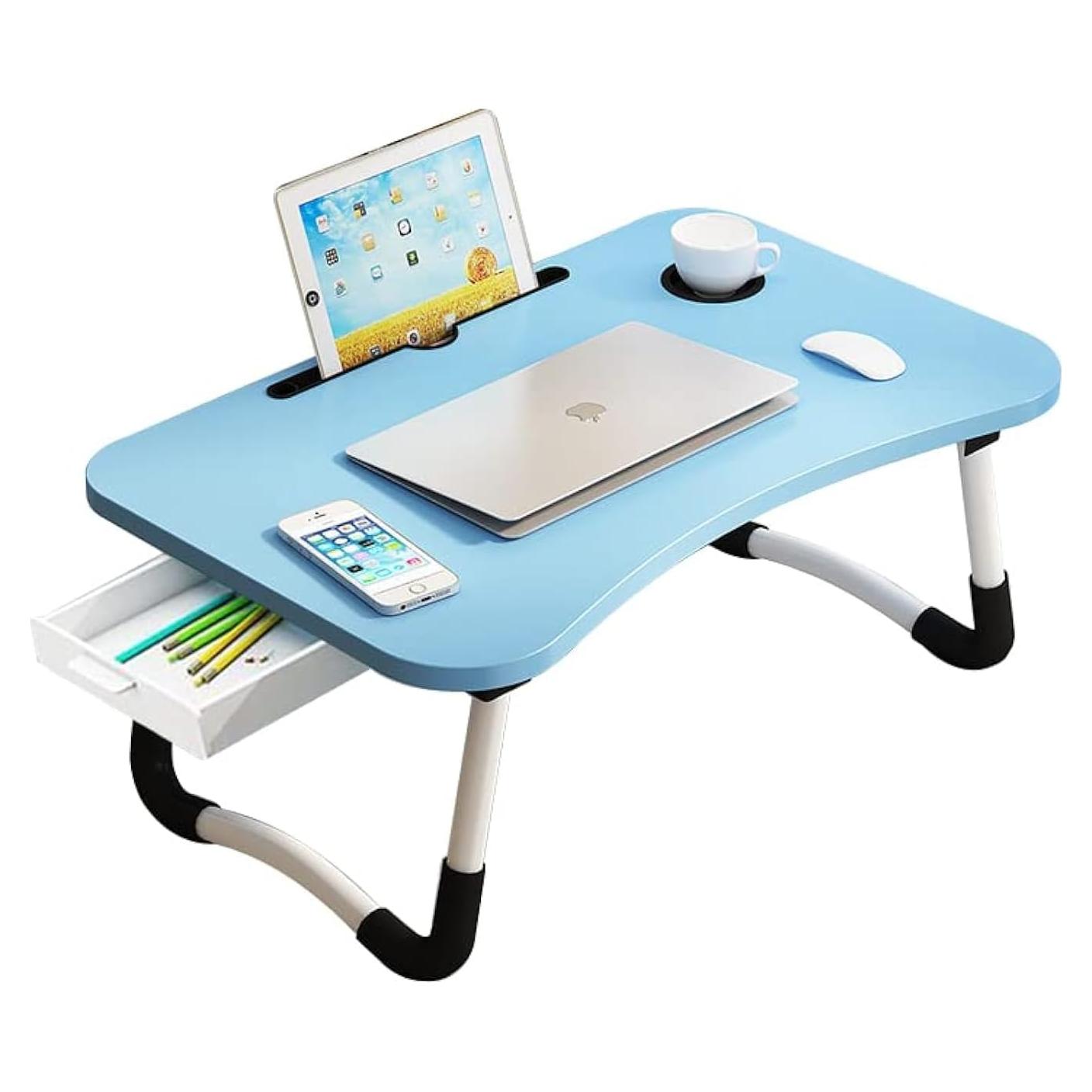 Mesa de Regazo Plegable VebaCidi 60 cm Azul con Cajón y Soporte