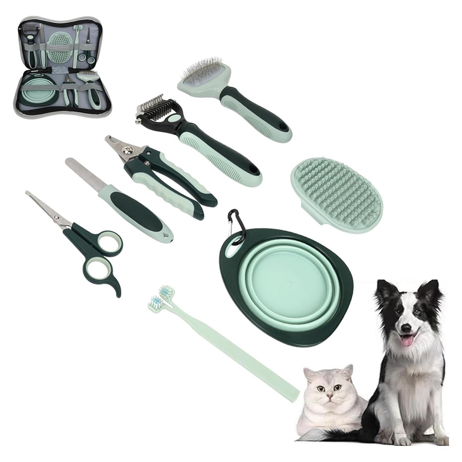 Kit de Aseo 8 en 1 LAMLENT para Perros y Gatos - Cepillo, Cortauñas, Peine, Tijeras, Cepillo de Dientes