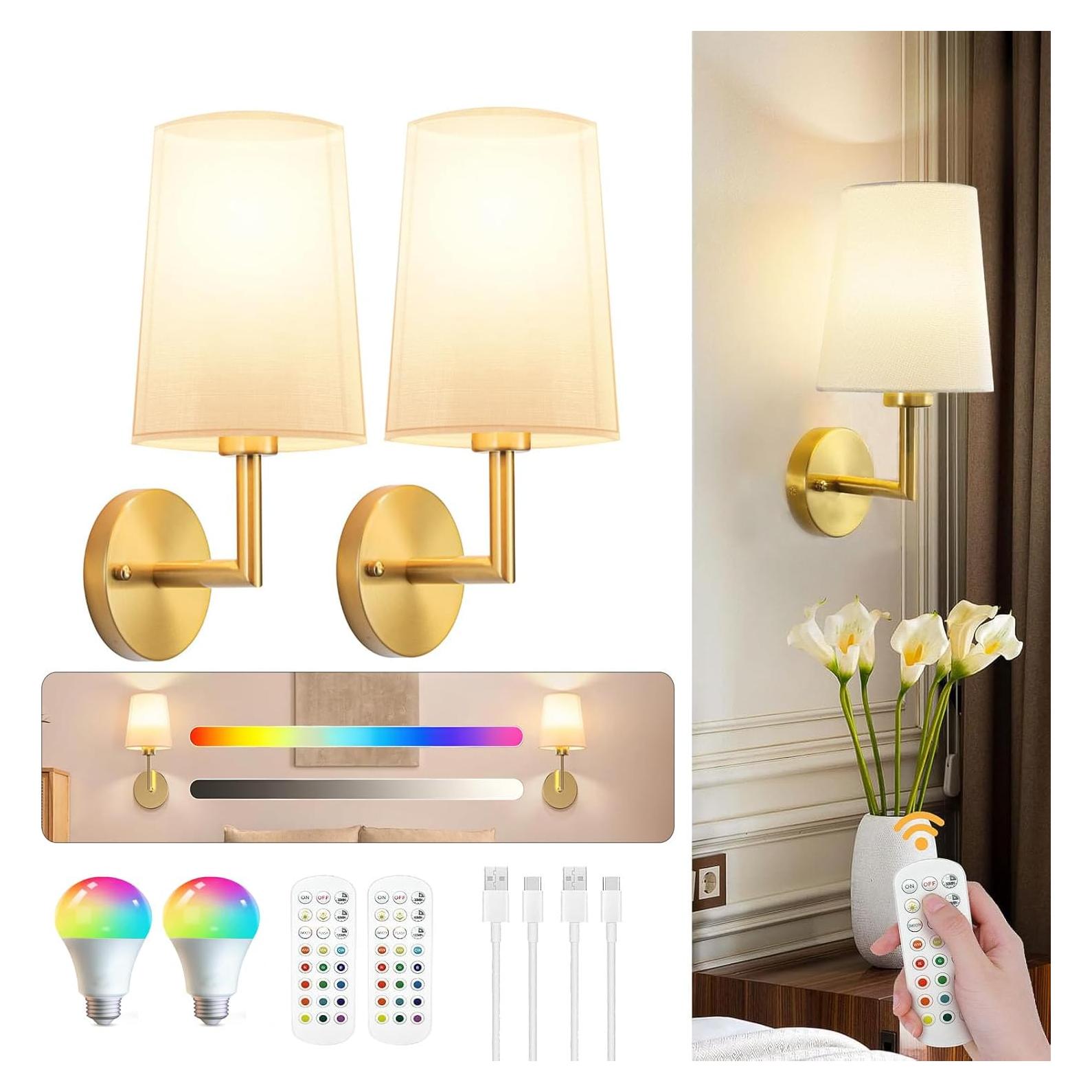 Apliques de Pared JKEYES Dorados a Batería 2 Luces Regulables