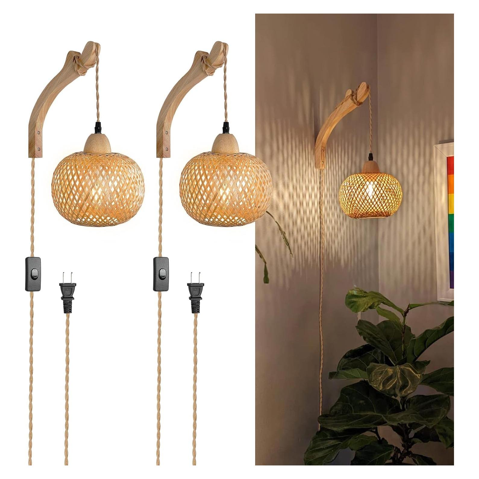 Apliques de Pared Boho Frideko de Bambú con Enchufe - Juego de 2