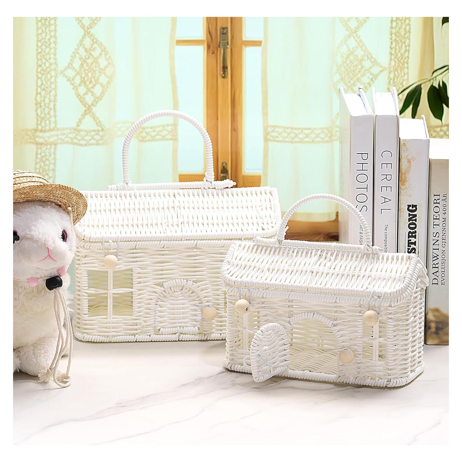 Cesta de Rattan Weysat 2 Pcs con Tapa Decorativa Blanca