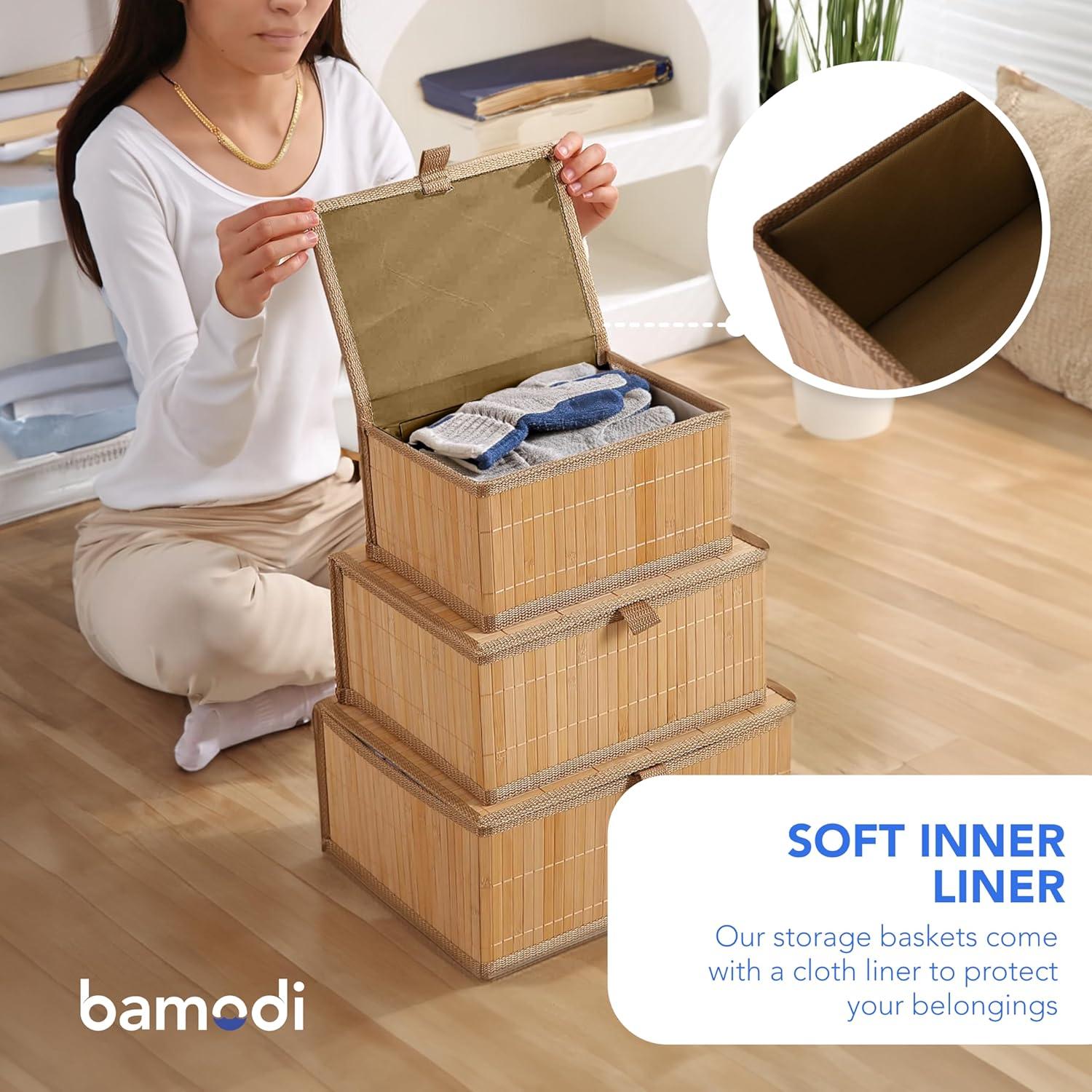 Set de 3 Cajas de Almacenamiento de Bambú Bamodi - Rectangulares Apilables con Tapa