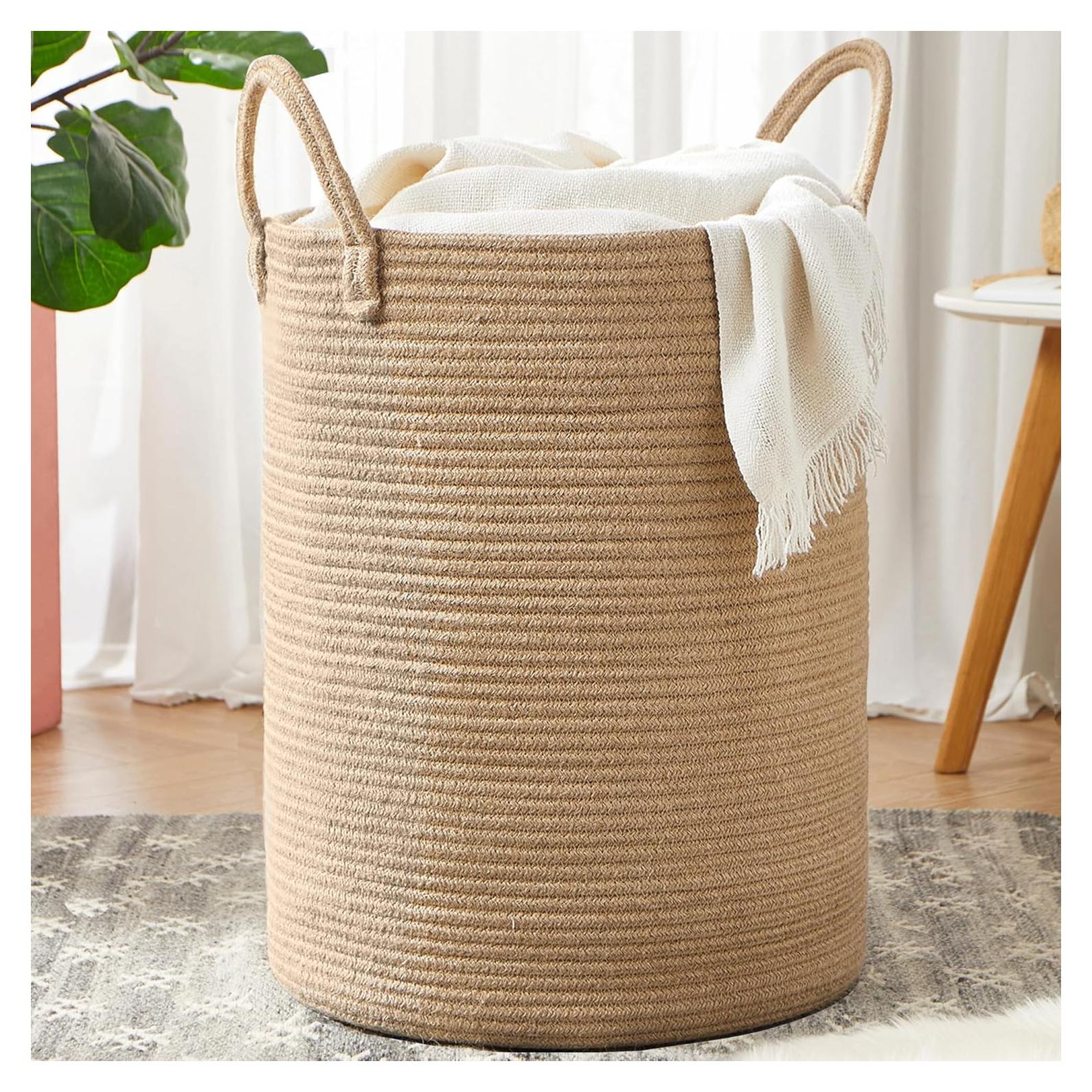 Cesta de lavandería extra grande MOJOSCEND 80L yute redonda