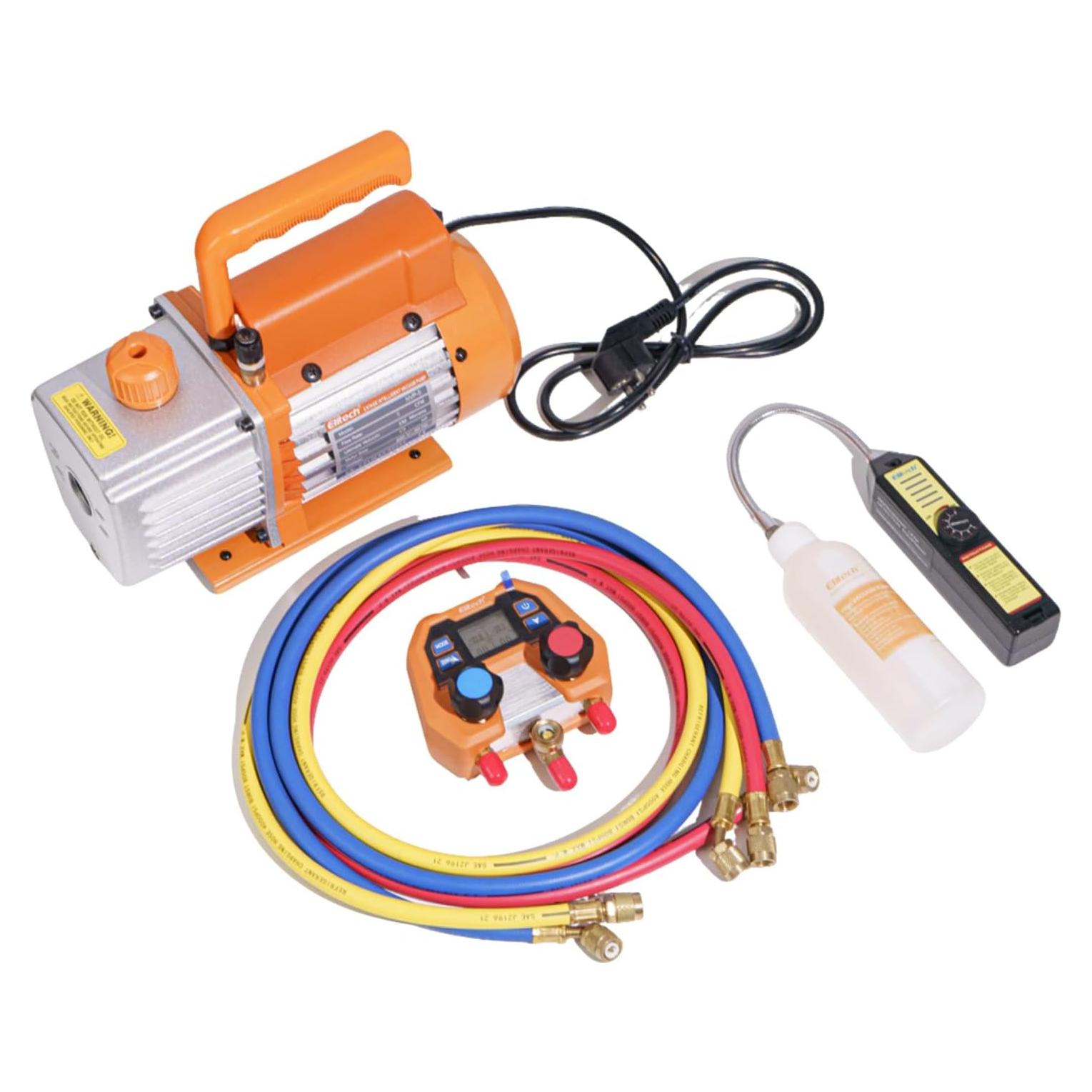 Kit de Inicio Elitech HVAC 4 en 1 - Bomba 3CFM, Manómetro Digital, Detector WJL-6000