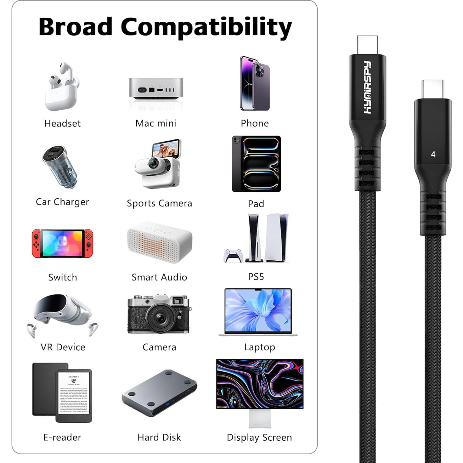 Cable Thunderbolt 4 HYairspy 1m 40Gbps USB-C 240W Carga Rápida