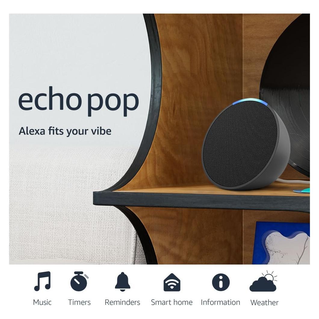 Like-New Amazon Echo Pop (newest model), Our smallest Alexa speaker, Fits in any room, Charcoal