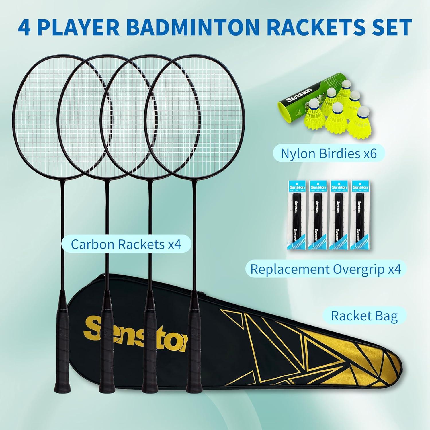Conjunto de 4 Raquetas de Bádminton Senston YP-1100 - Fibra de Carbono, 6 Volantes, Bolsa