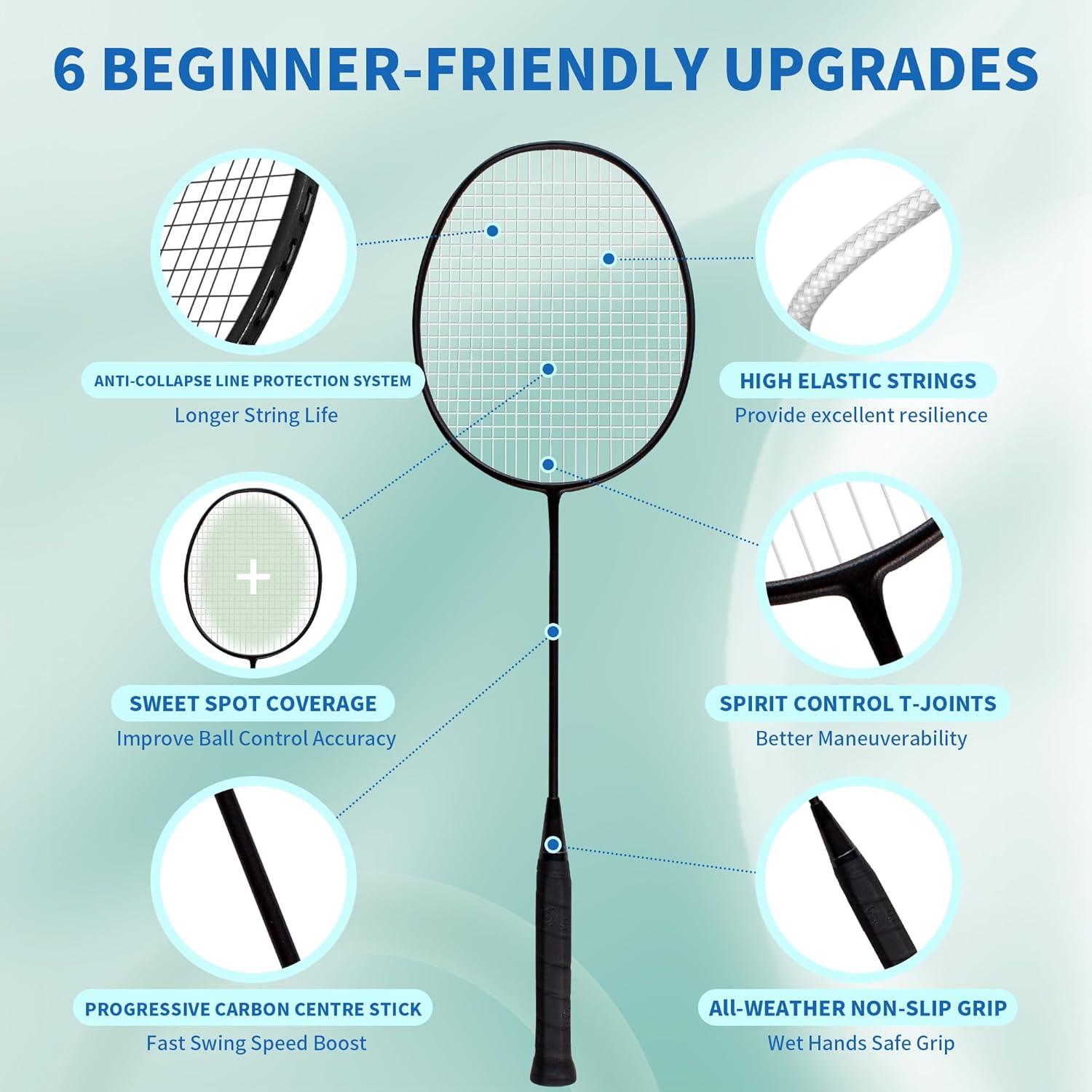 Conjunto de 4 Raquetas de Bádminton Senston YP-1100 - Fibra de Carbono, 6 Volantes, Bolsa