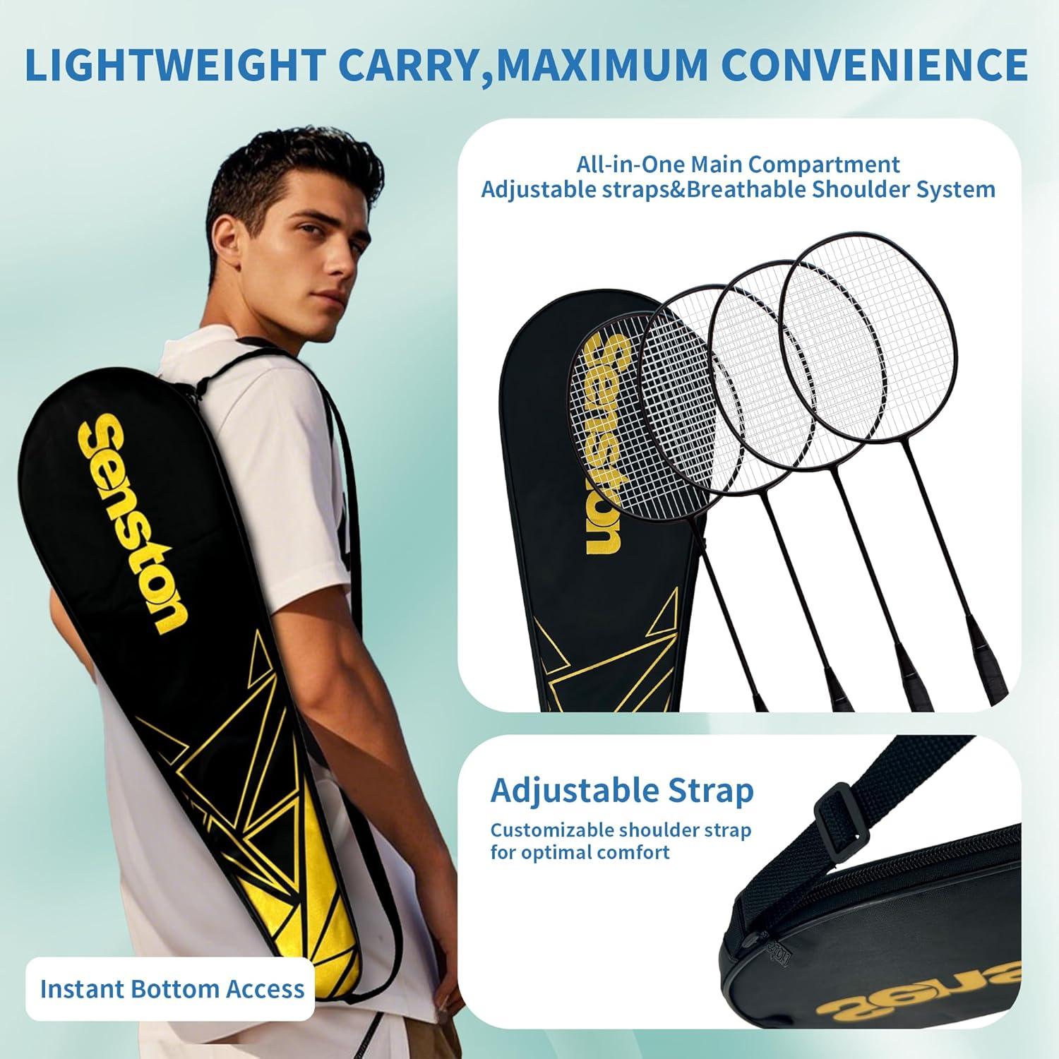 Conjunto de 4 Raquetas de Bádminton Senston YP-1100 - Fibra de Carbono, 6 Volantes, Bolsa