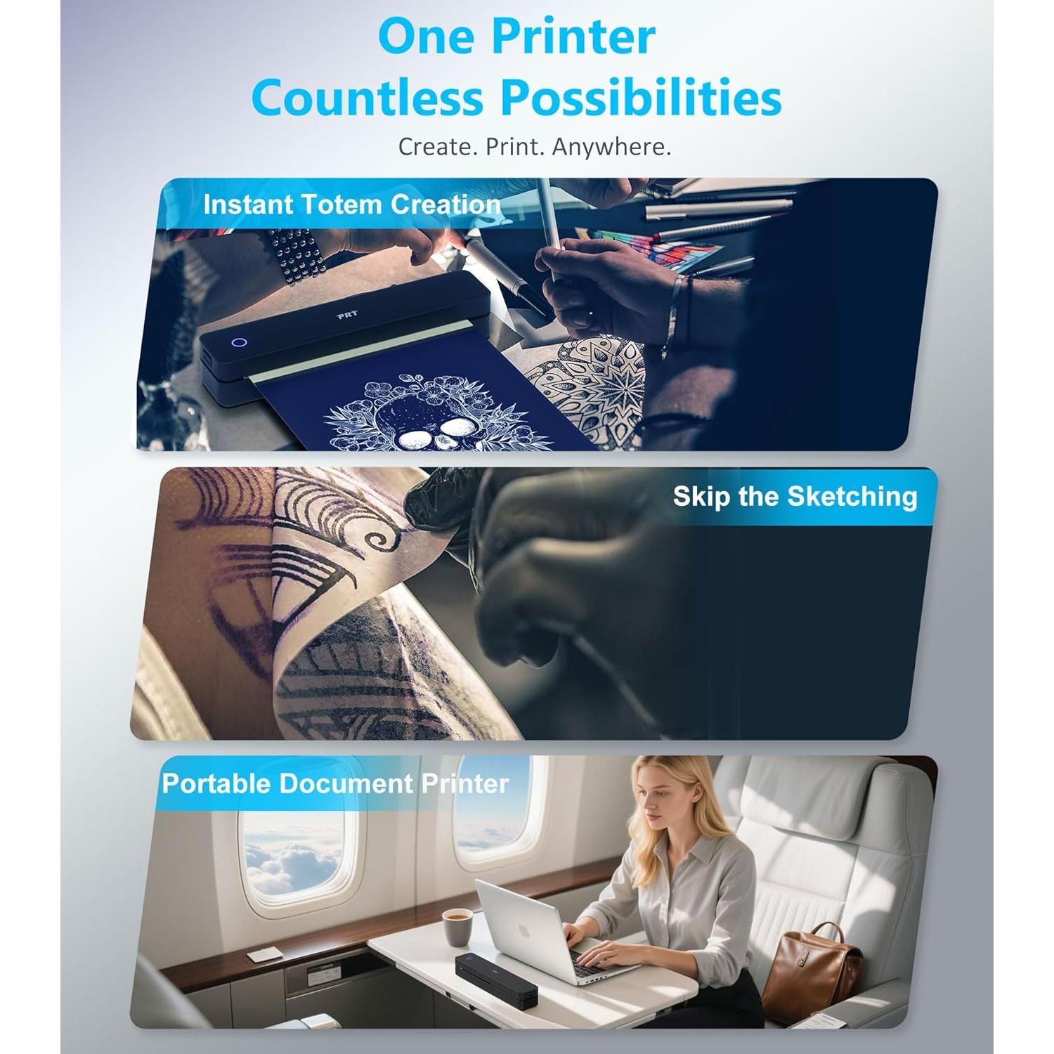 MT660 Tattoo Stencil Printer with 10pcs Transfer Paper, Wireless Thermal Tattoo Transfer Printer, Bluetooth Portable Tattoo Machine for Beginners, iOS, Android, Laptop for Car, Office, Home, Black