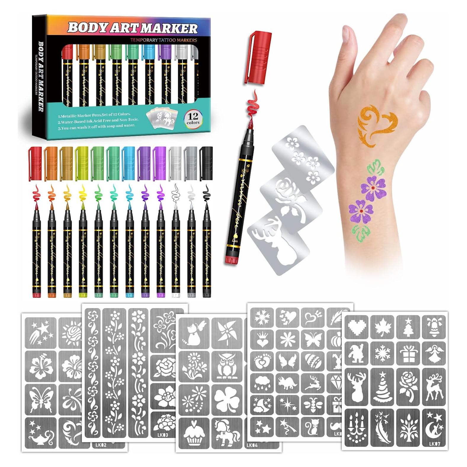 Marcadores de Tatuajes Temporales Metuu - 12 Colores y 155 Diseños