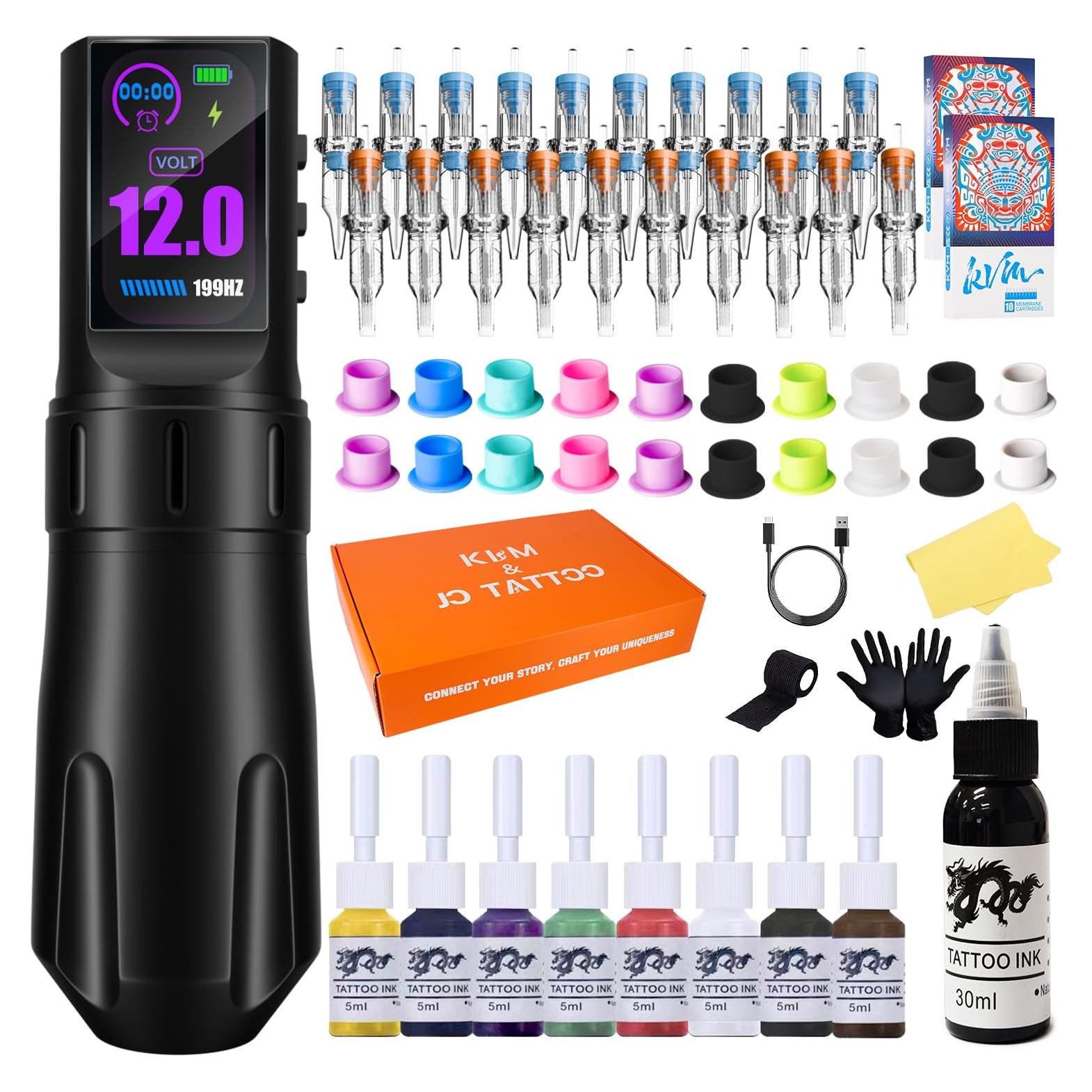 Kit de Tatuaje KVM Profesional con Pantalla IPS y 20 Cartuchos