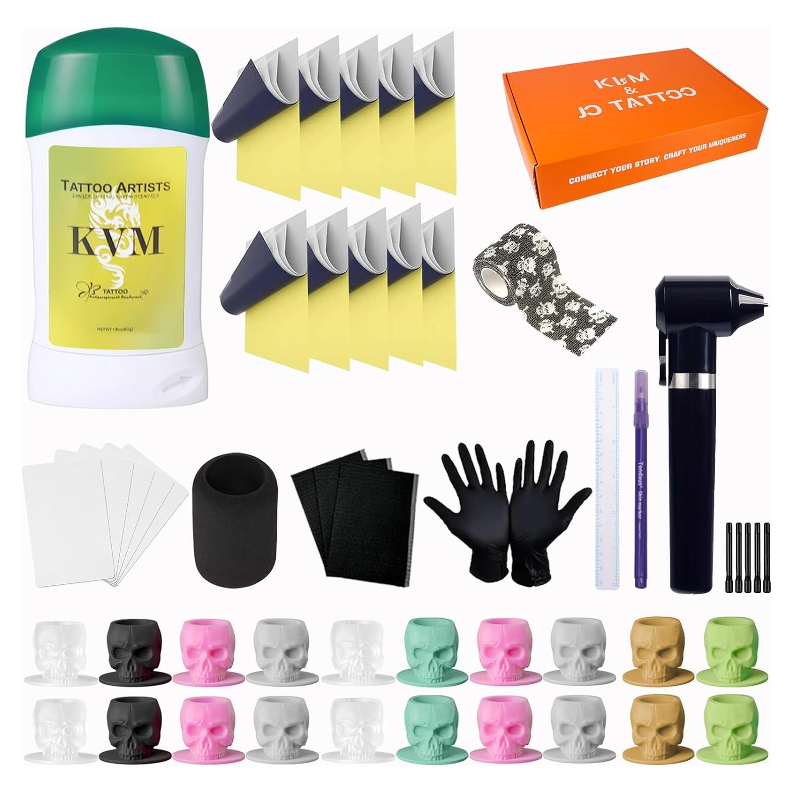 Kit de Tatuaje Completo KVM 46 Piezas con Tazas de Tinta y Transferencia