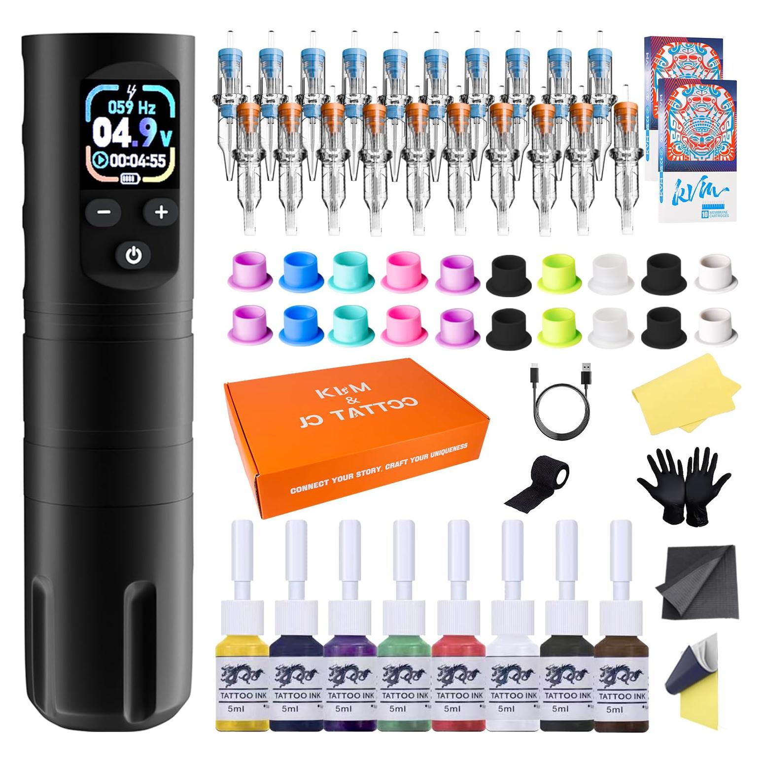 Kit de Tatuaje Inalámbrico KVM con Pluma OLED y 57 Accesorios