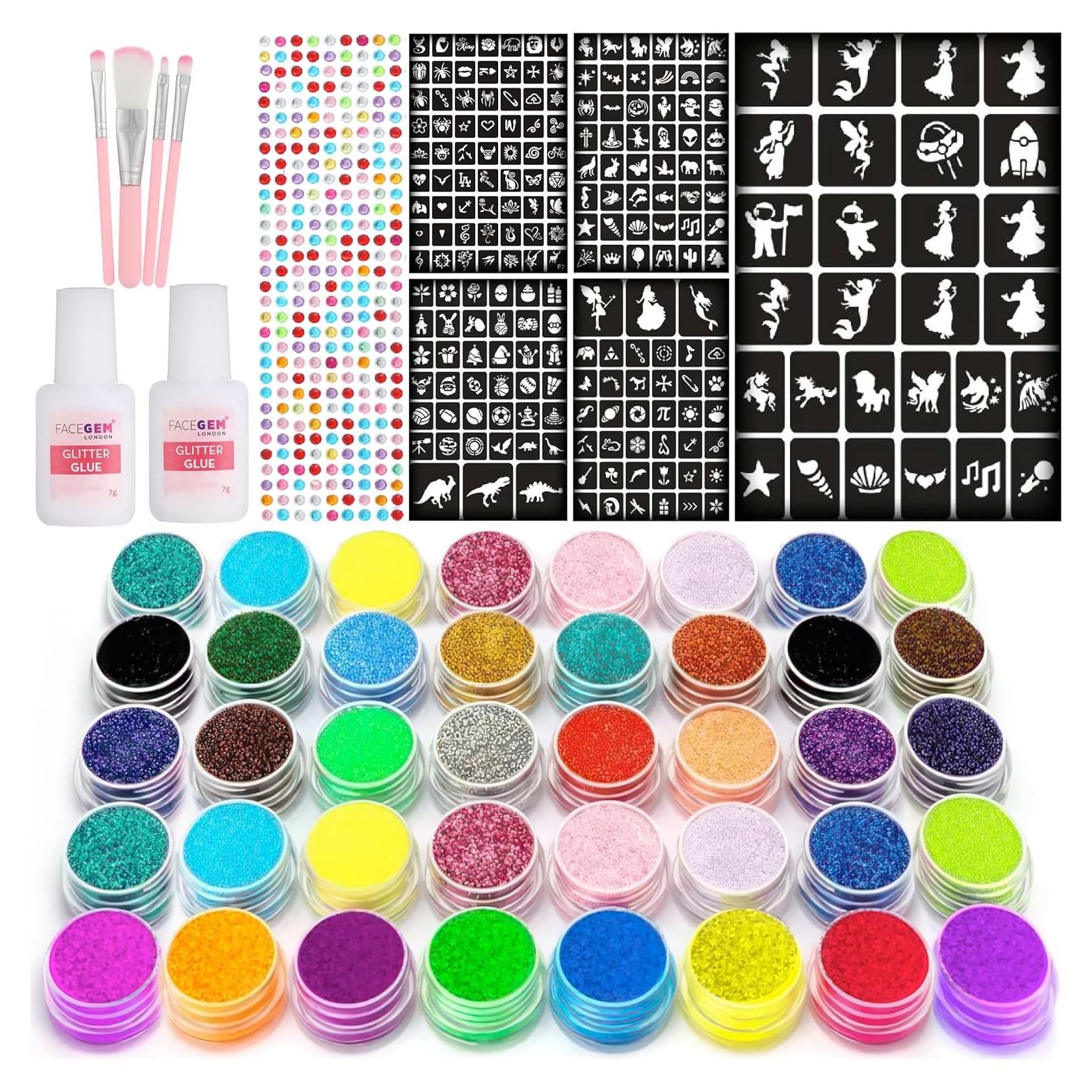 Kit de Tatuajes de Brillo para Niños FACEGEM 40 Colores 200+ Plantillas