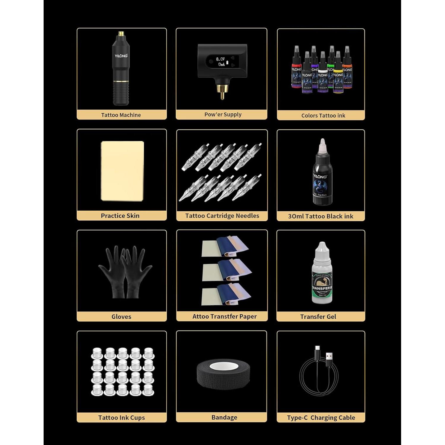 Kit de Tatuaje Inalámbrico YILONG con Batería 1400 mAh y Agujas