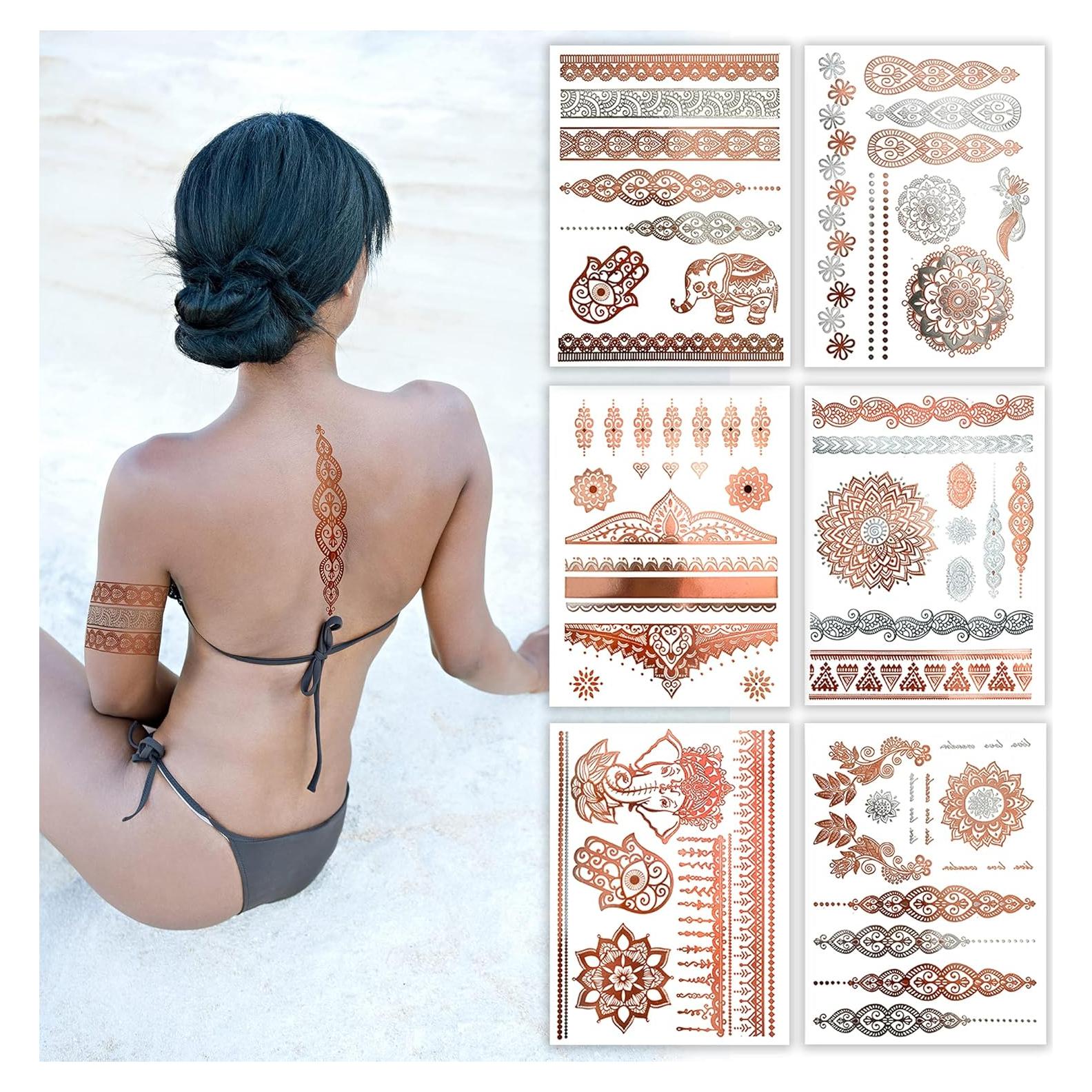 Tatuajes Temporales Henna Oro Rosa Terra - 75+ Diseños Impermeables