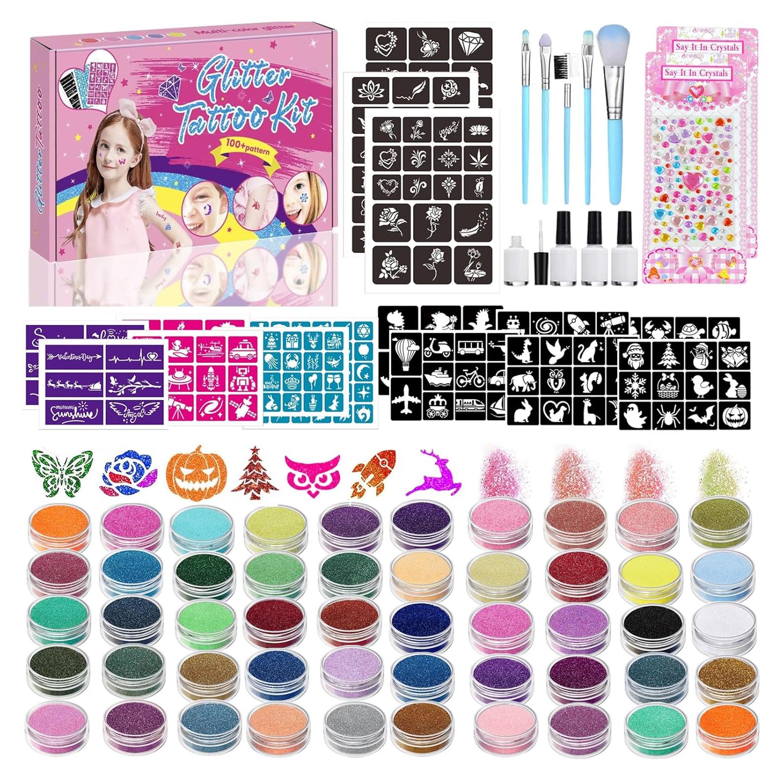 Kit de Tatuajes de Brillo TEUVO 50 Colores 199 Plantillas