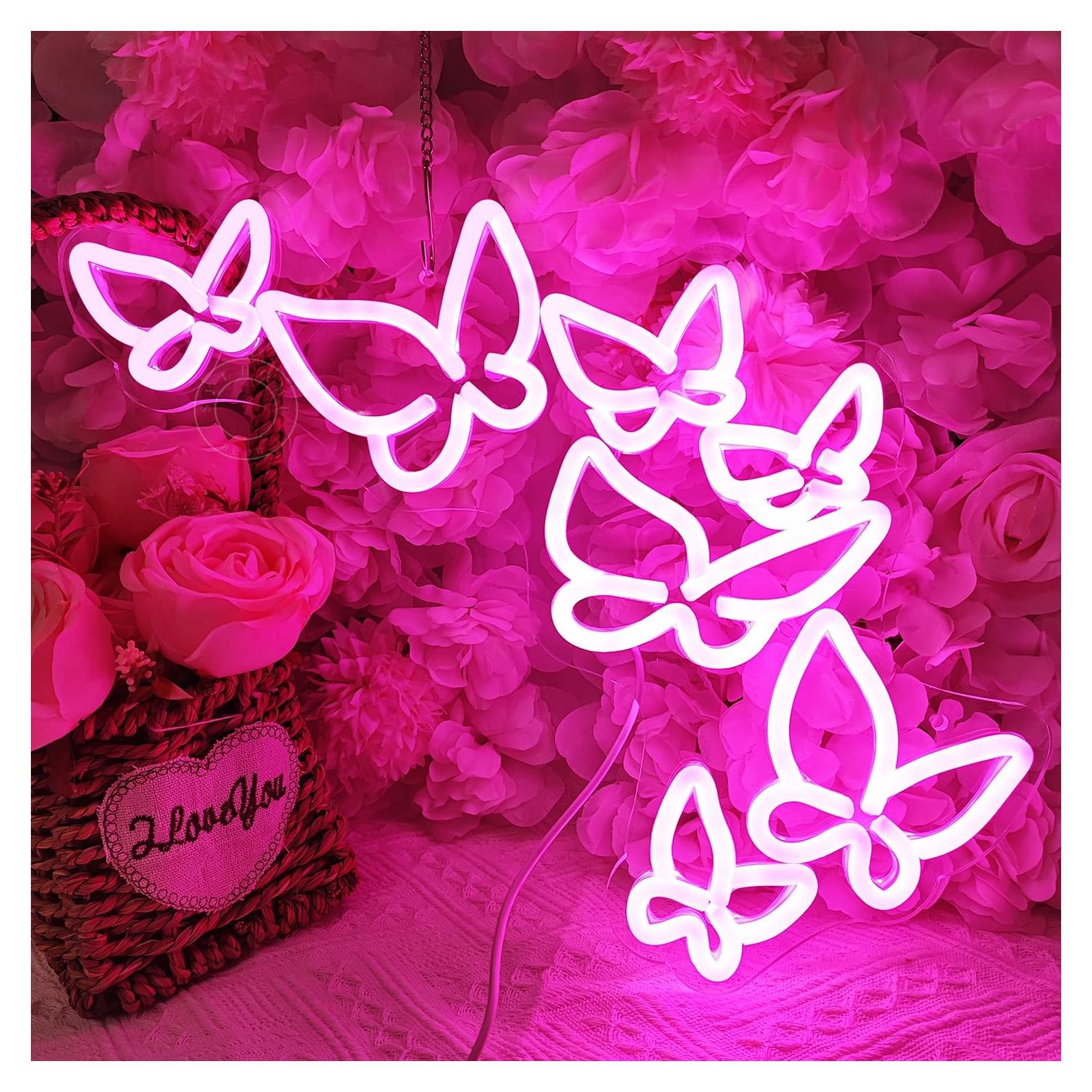 Letrero de Neón LED Mariposa Rosa SYLHOME 41.91x22.61 cm USB