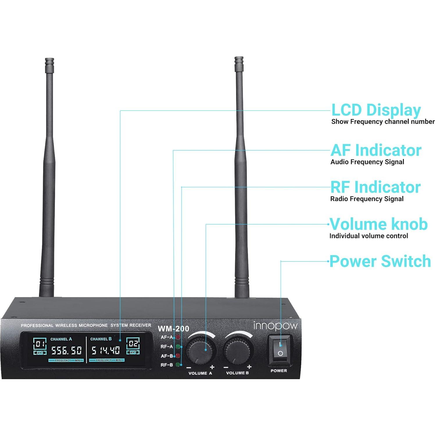 Sistema de micrófono inalámbrico Innopow WM200, 2 micrófonos, 60m