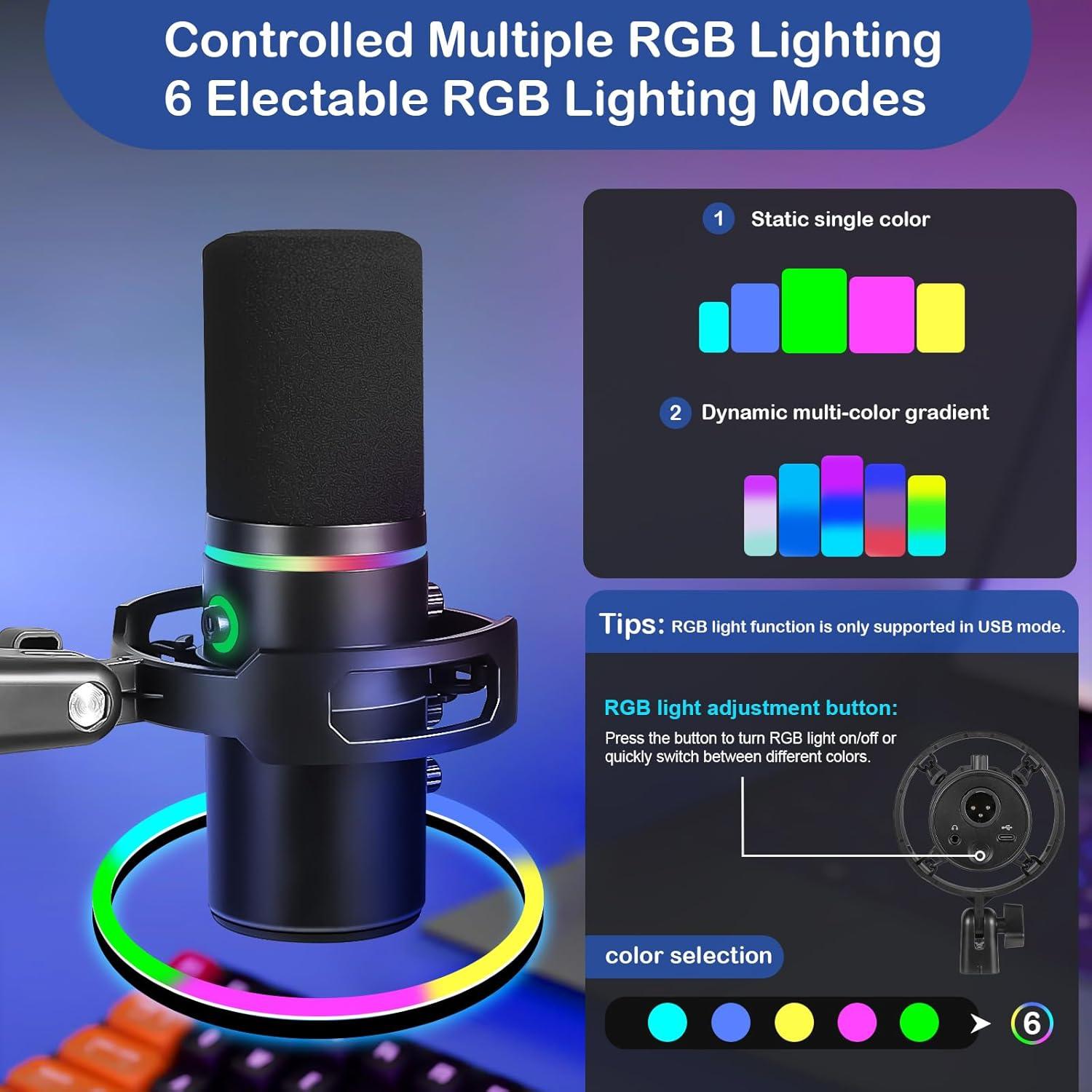 Micrófono Dinámico USB XLR FerBuee WS805 con Luz RGB