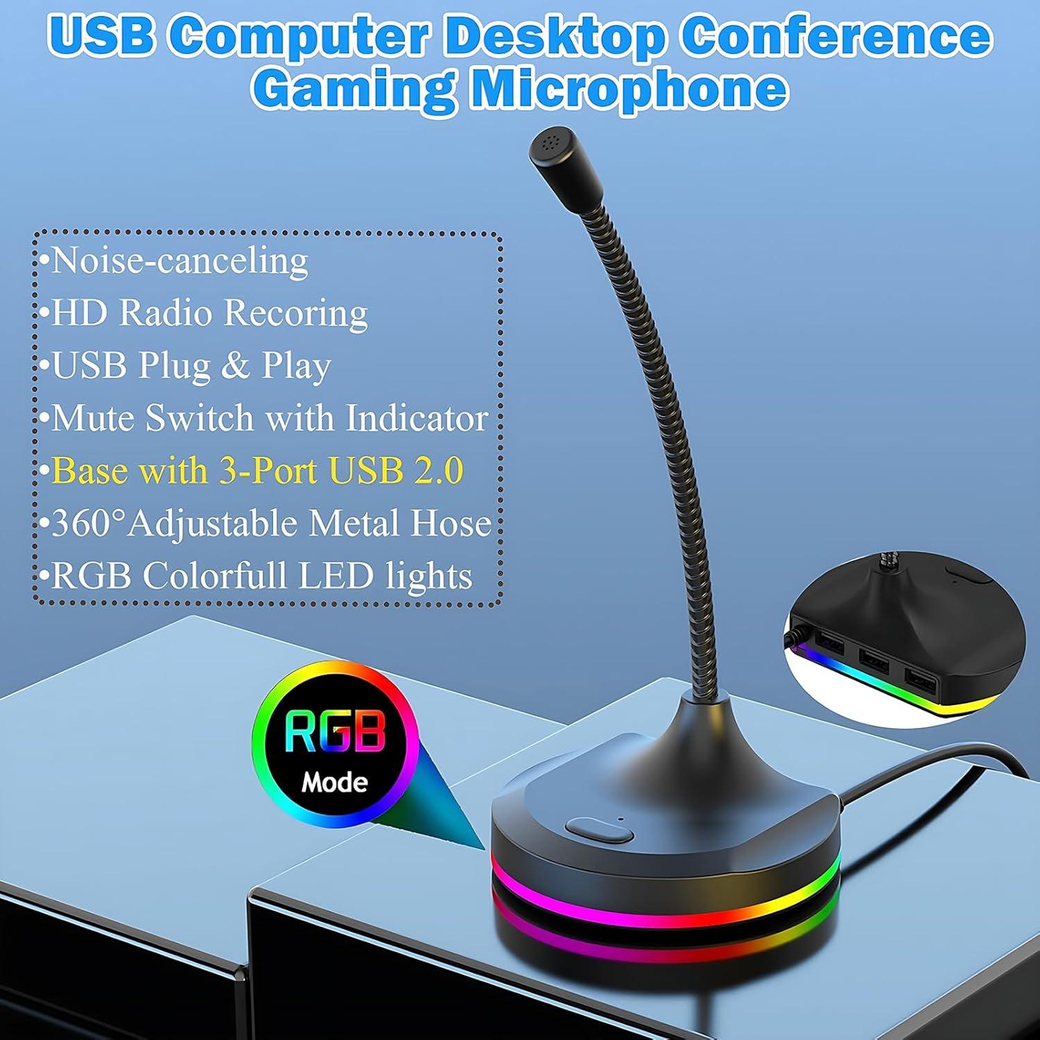 Micrófono USB Blapsuro M8 con Hub 3 Puertos y RGB
