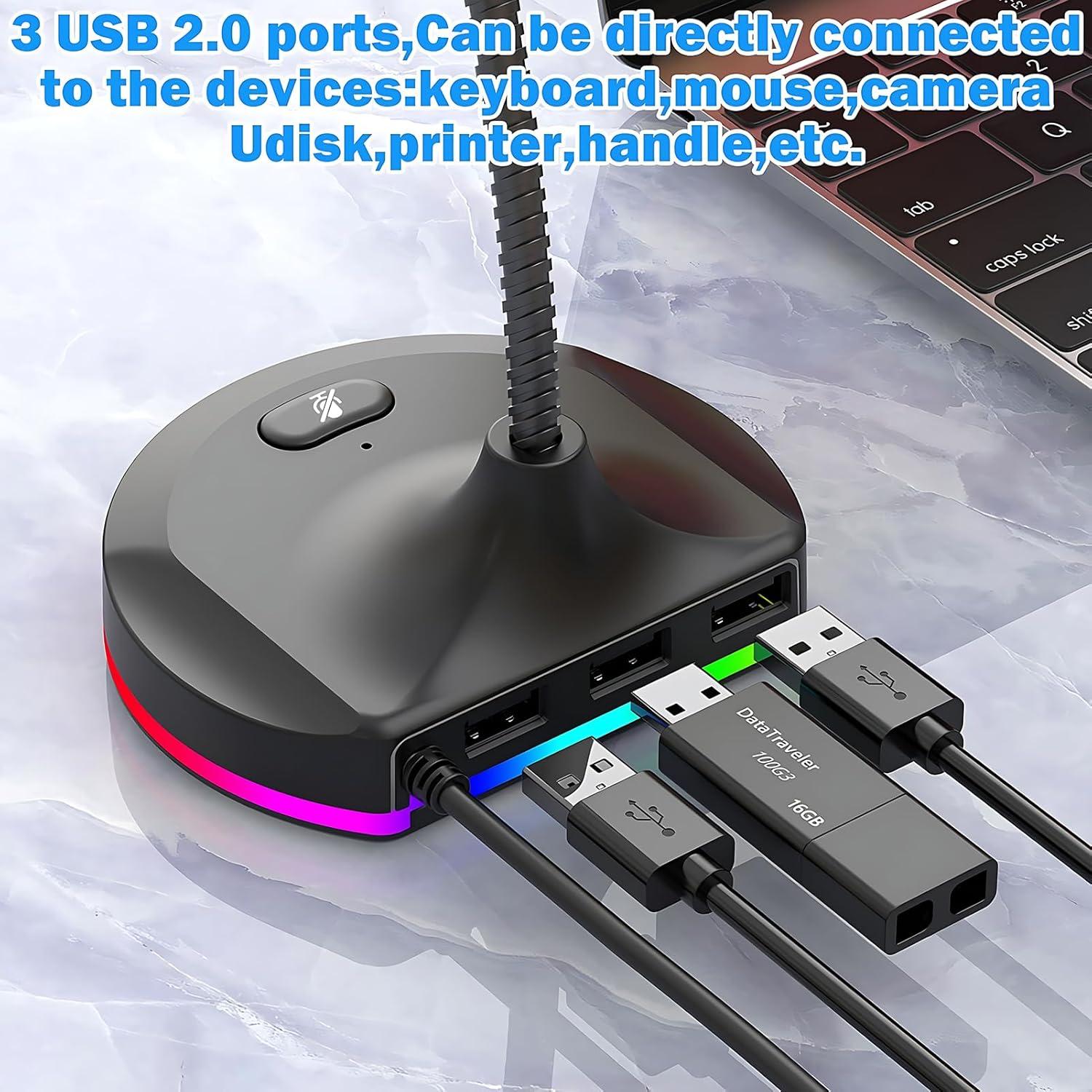 Micrófono USB Blapsuro M8 con Hub 3 Puertos y RGB