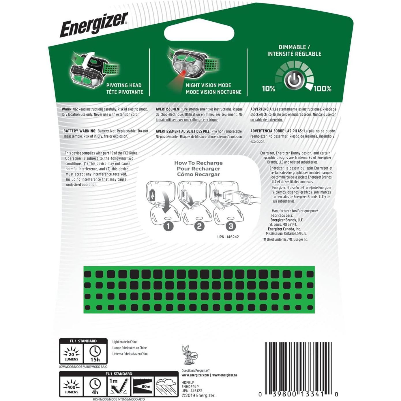 Linterna Frontal LED Energizer ENHDFRLP 400 Lúmenes Verde