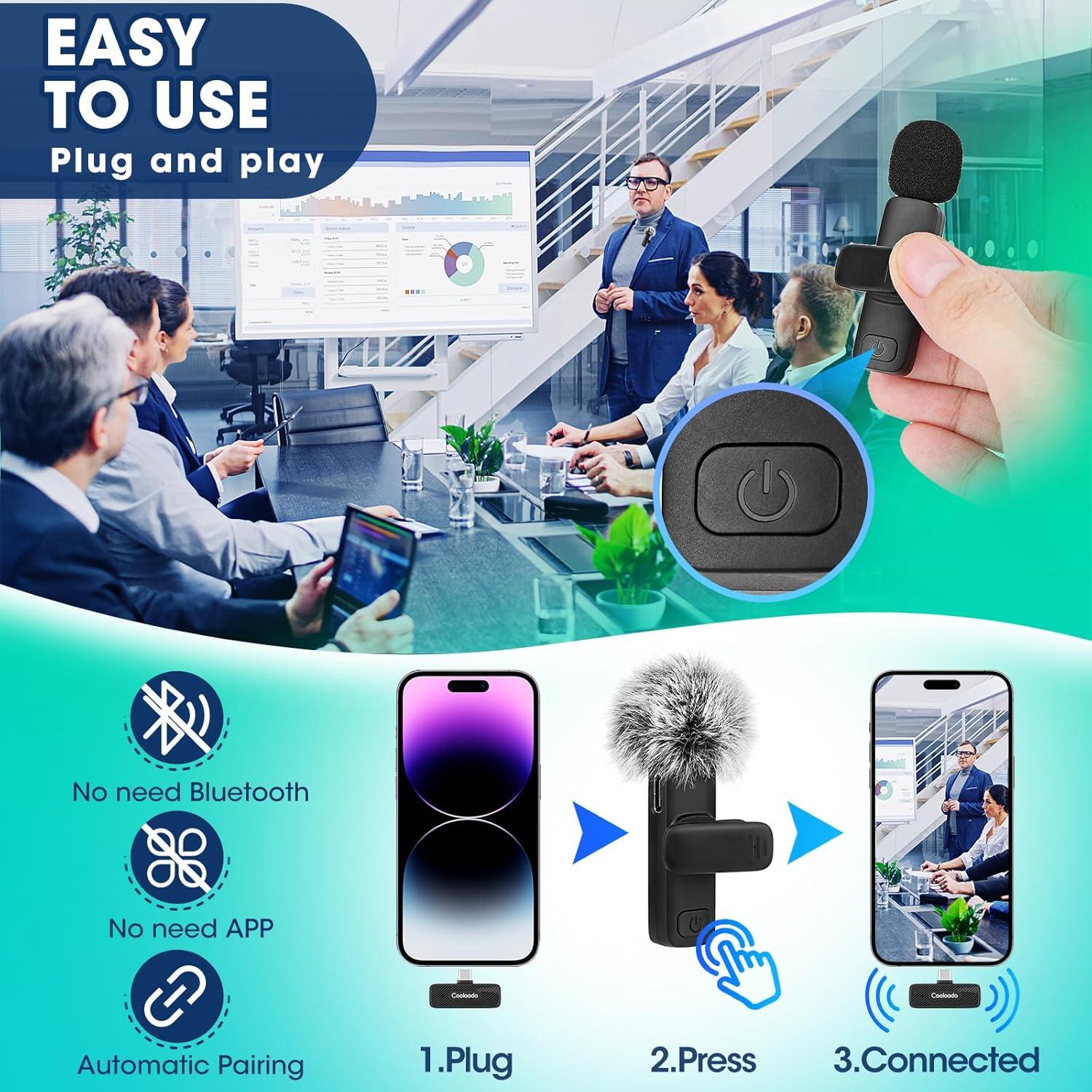 Micrófonos Lavalier Inalámbricos Coolaado 2 Pack con Reducción de Ruido