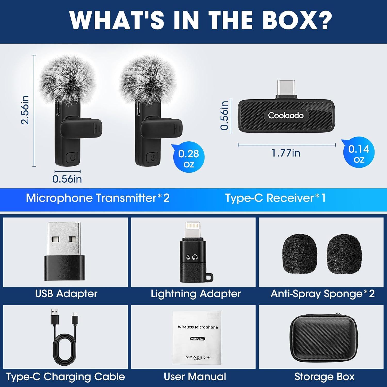 Micrófonos Lavalier Inalámbricos Coolaado 2 Pack con Reducción de Ruido