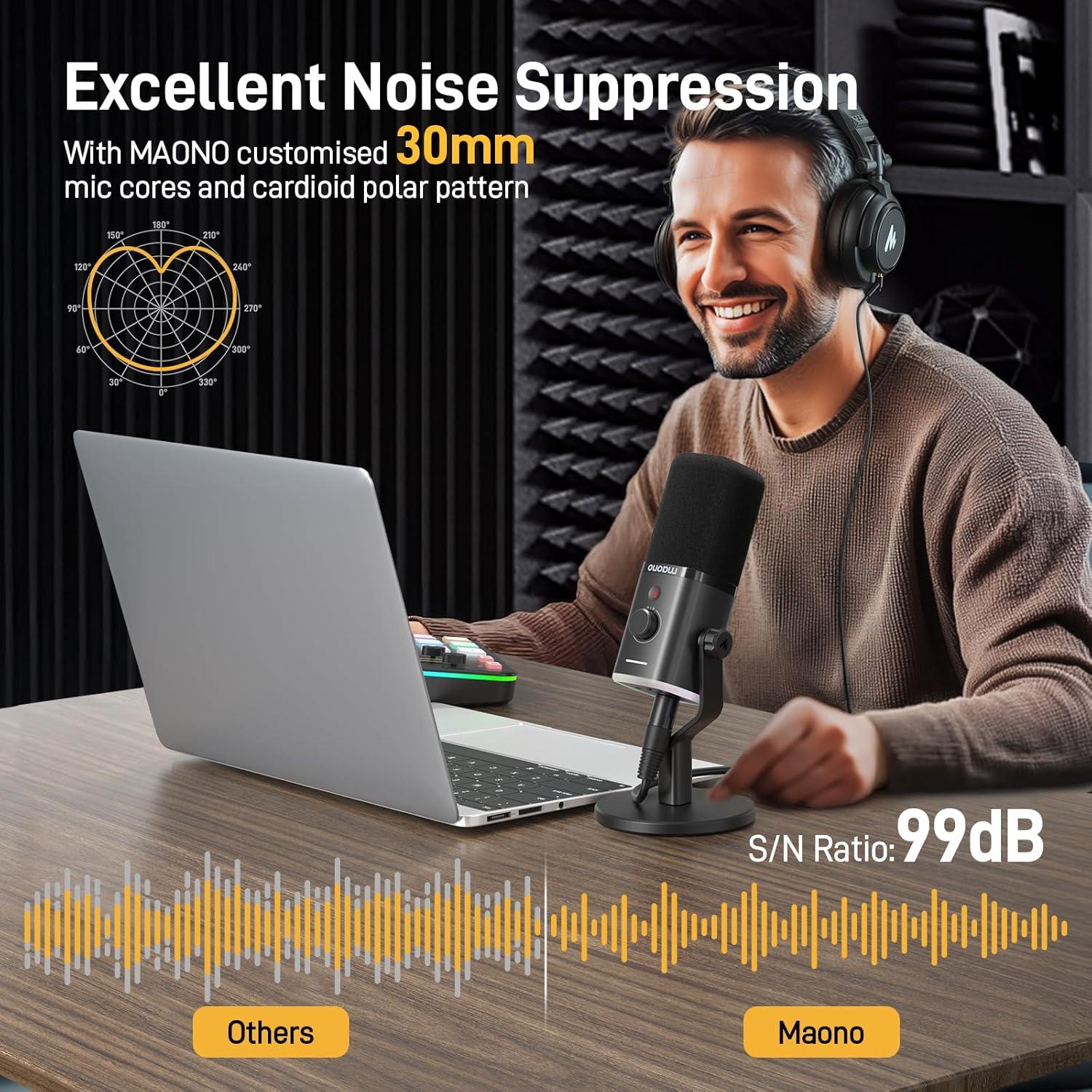 Micrófono Gaming MAONO PD100X USB/XLR con Luz RGB y Control