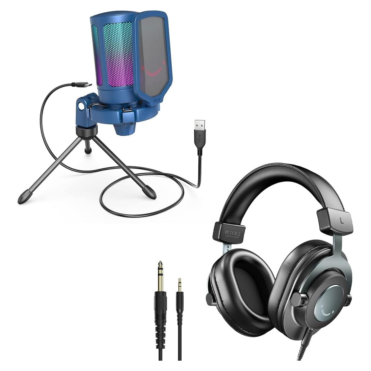 Micrófono USB FIFINE A6B + Auriculares H8 para Gaming y Estudio