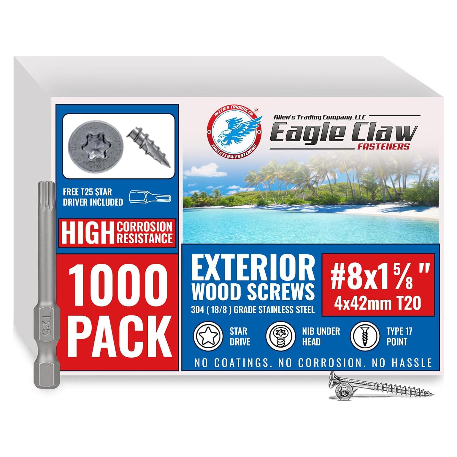 Tornillos de Madera Eagle Claw #8 x 4.1 cm Acero Inoxidable 304 (100 uds)