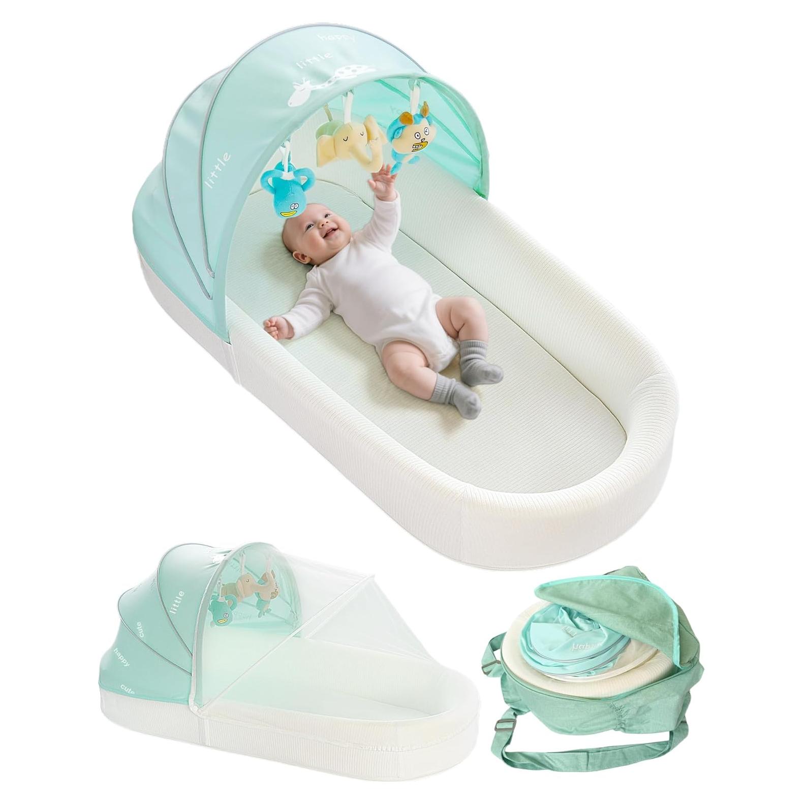 Cuna portátil XL para bebés - Lounger Verde con toldo y red