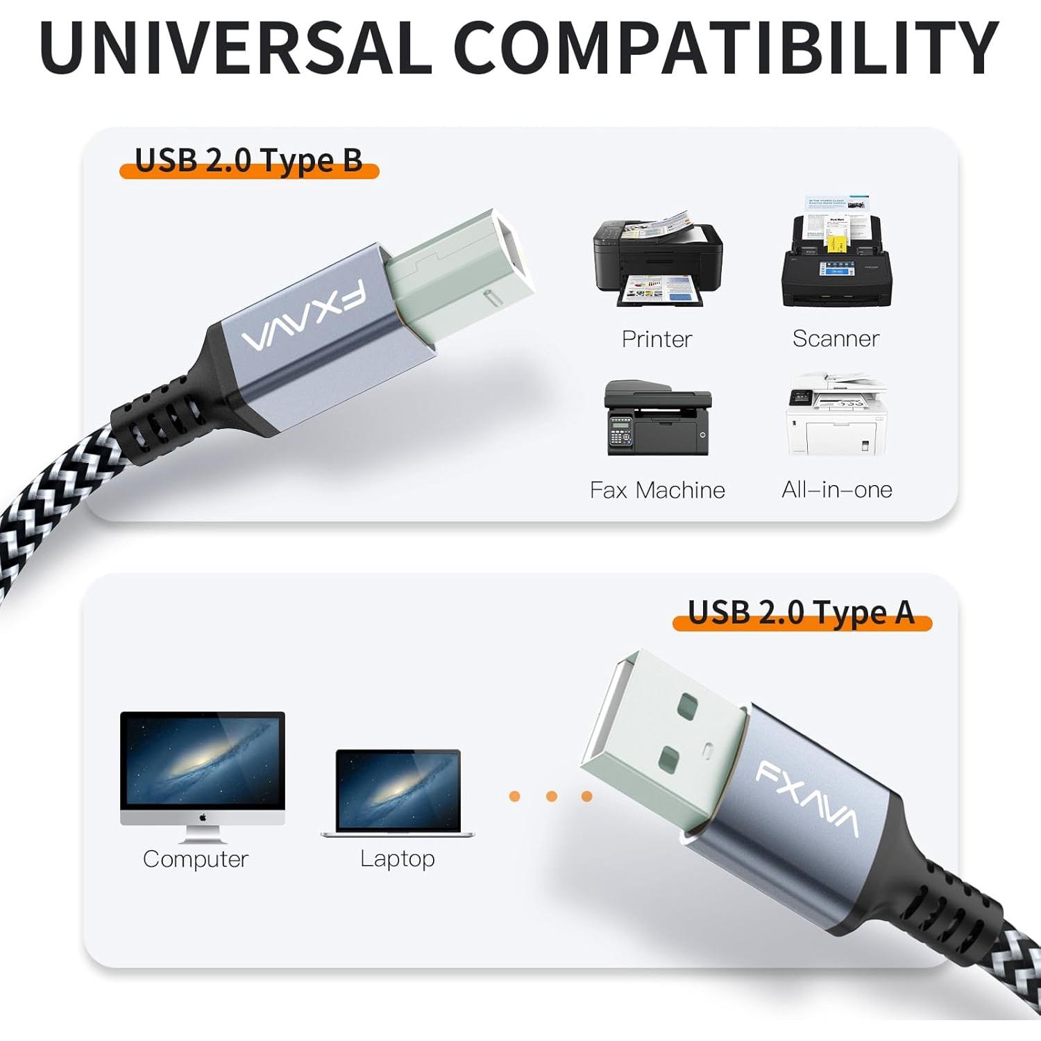 Cable de Impresora USB 1.22m FXAVA Nylon Trenzado