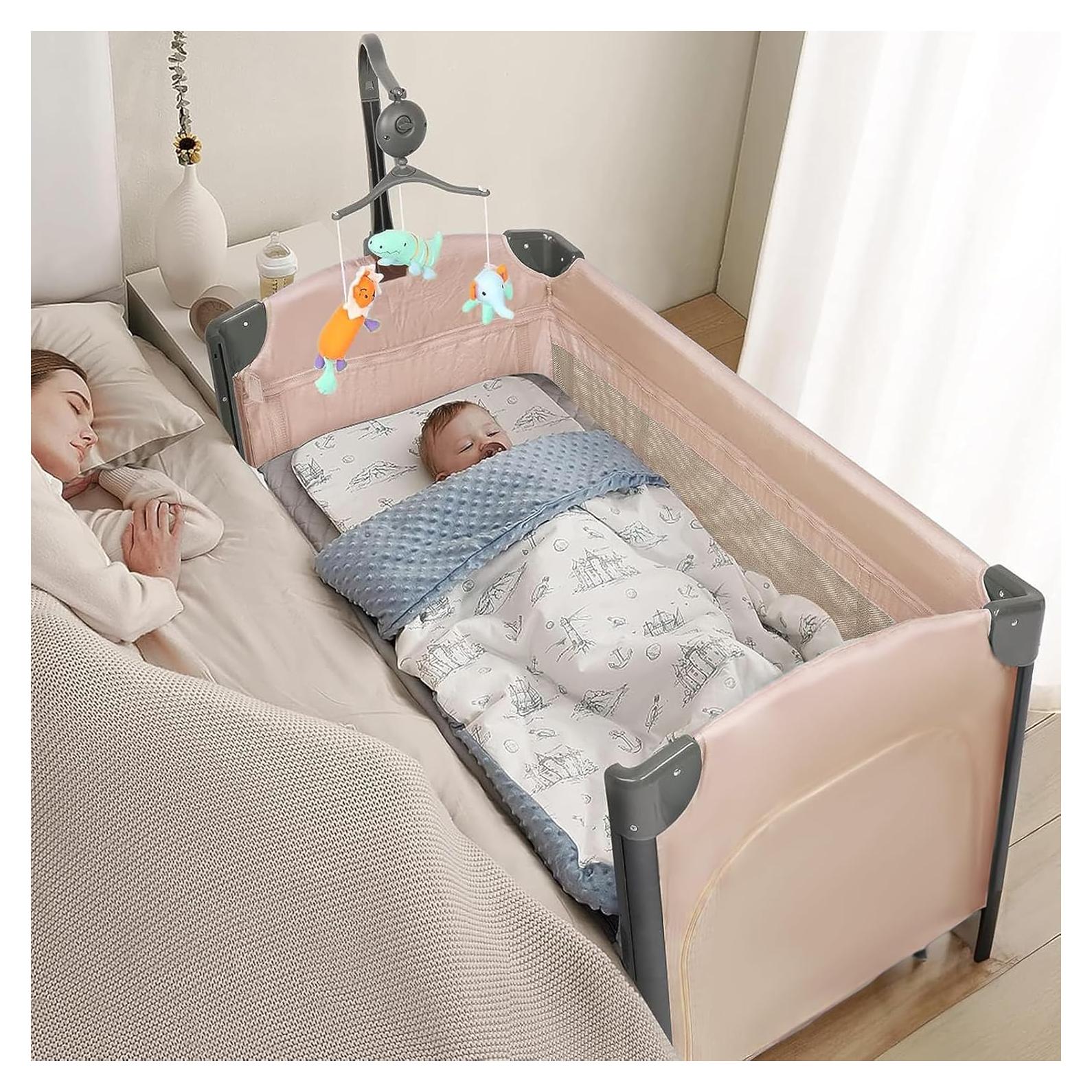 Cuna Lateral JOYMOR 3 en 1 Beige - Cuna, Parque Infantil y Cama de Viaje