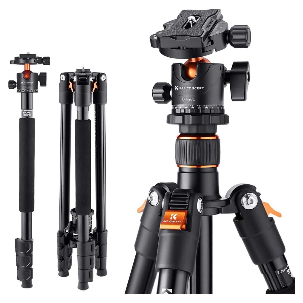 Trípode K&F CONCEPT 64"/162cm Aluminio con Cabezal de Bola 10kg