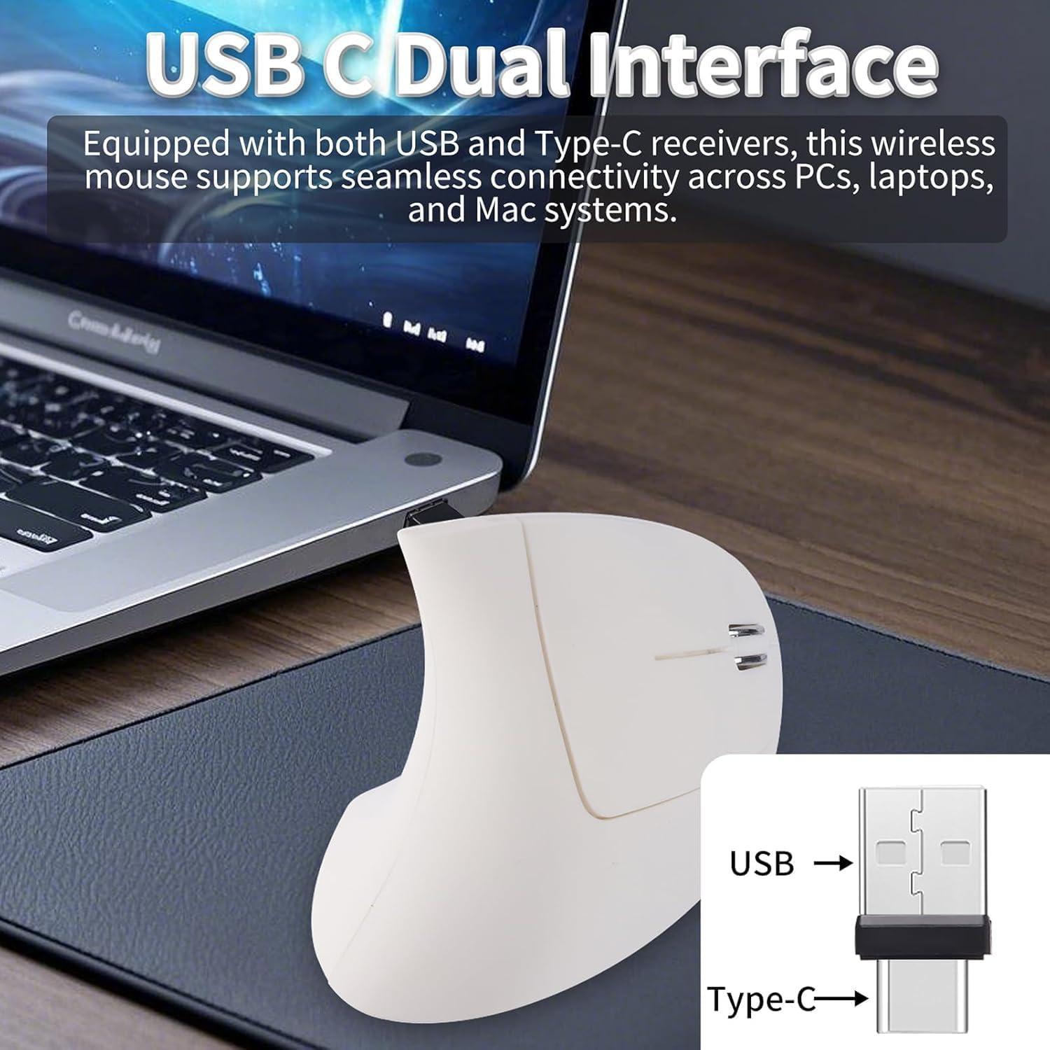 Ratón Inalámbrico Vertical Ergonómico KUYHRF USB C Blanco